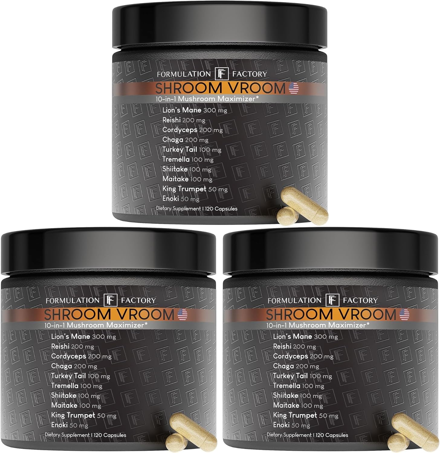 Formulation Factory Shroom Vroom 10-in-1 Mushroom Complex (2-Pack) with Lion's Mane, Reishi, Cordyceps, Chaga, Turkey Tail, Tremella, Maitake, Shiitake & More (360 Count Pack of 3)