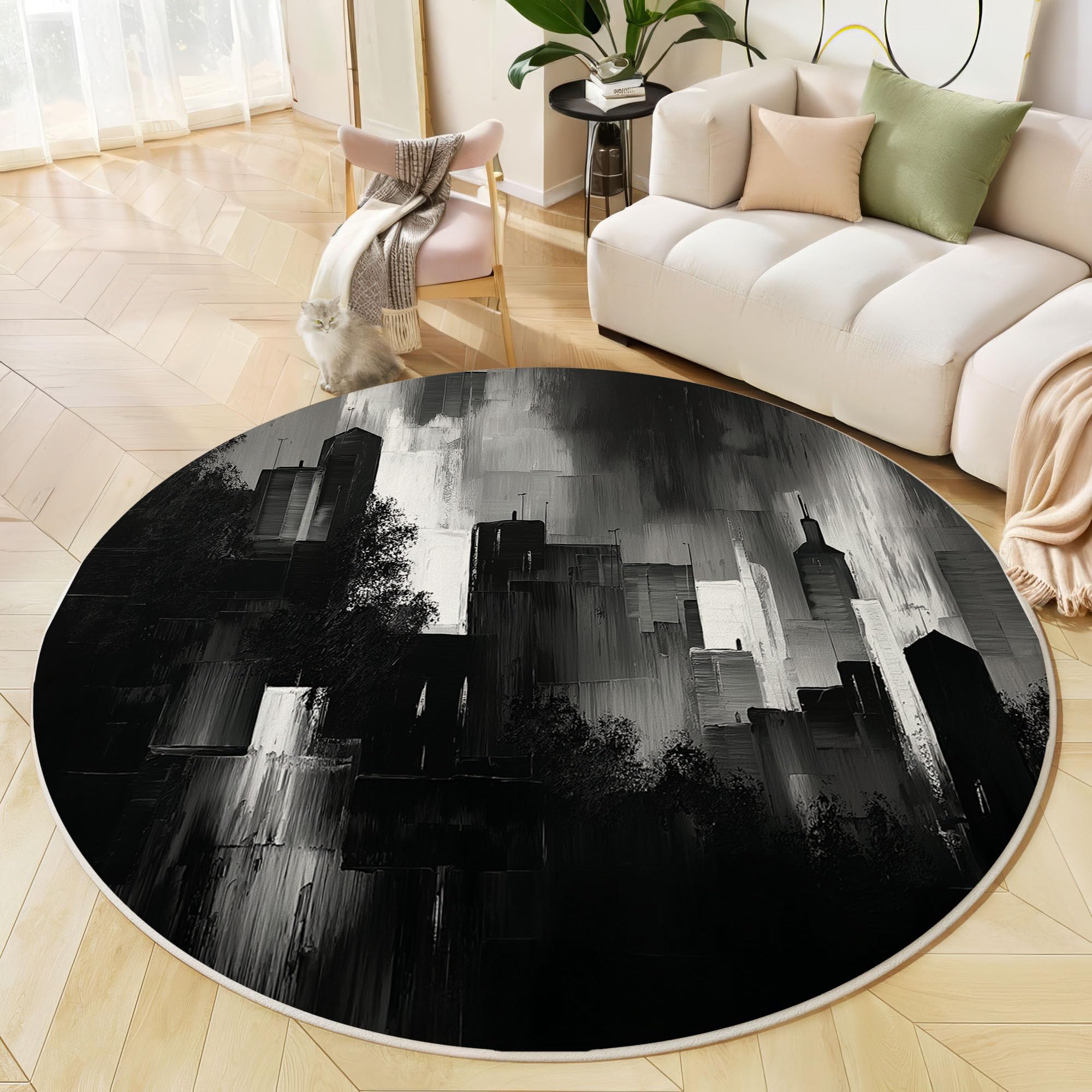 Tapis rond salon noir et blanc 120 cm - Tapis géométrique abstrait