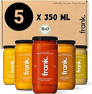 FRANK SOUP I Probierset Suppen | 5 x 350 ml | Tomaten, Brokkoli, Karotten, Süsskartoffel, Rote Linsen | Vegan & Bio Qualität Suppe I Aus Frischem Gemüse I Ohne Zucker Zusatz & Zusatzstoffe