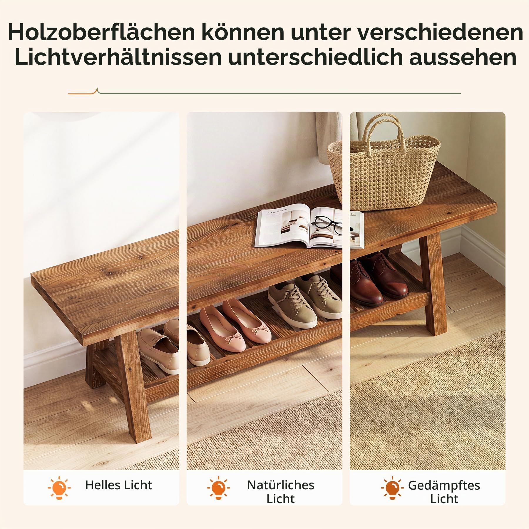 Sitzbank aus Massivholz 140 cm Flurbank mit Ablage und Schuhaufbewahrung Stabile Holzbank für Flur Diele Schlafzimmer Landhaus Design für Garderobe Eingangsbereich Wohnung