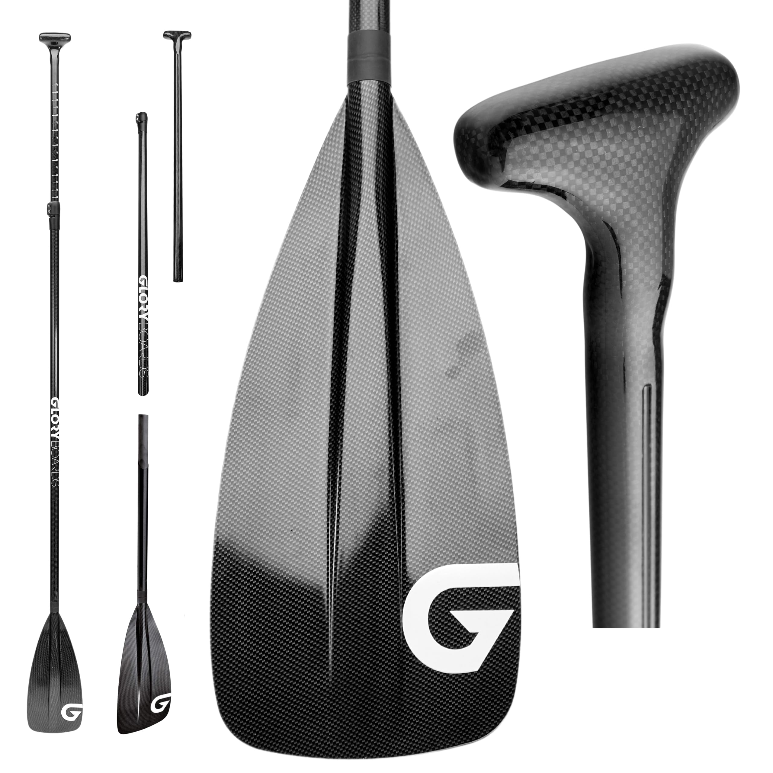 Glory Boards® VOLLCARBON SUP Paddel – 100% Carbon – Länge verstellbar 180-215cm – nur 760 Gramm - 3-teiliges Stand up Paddle - Ideal für Einsteiger - Damen und Herren