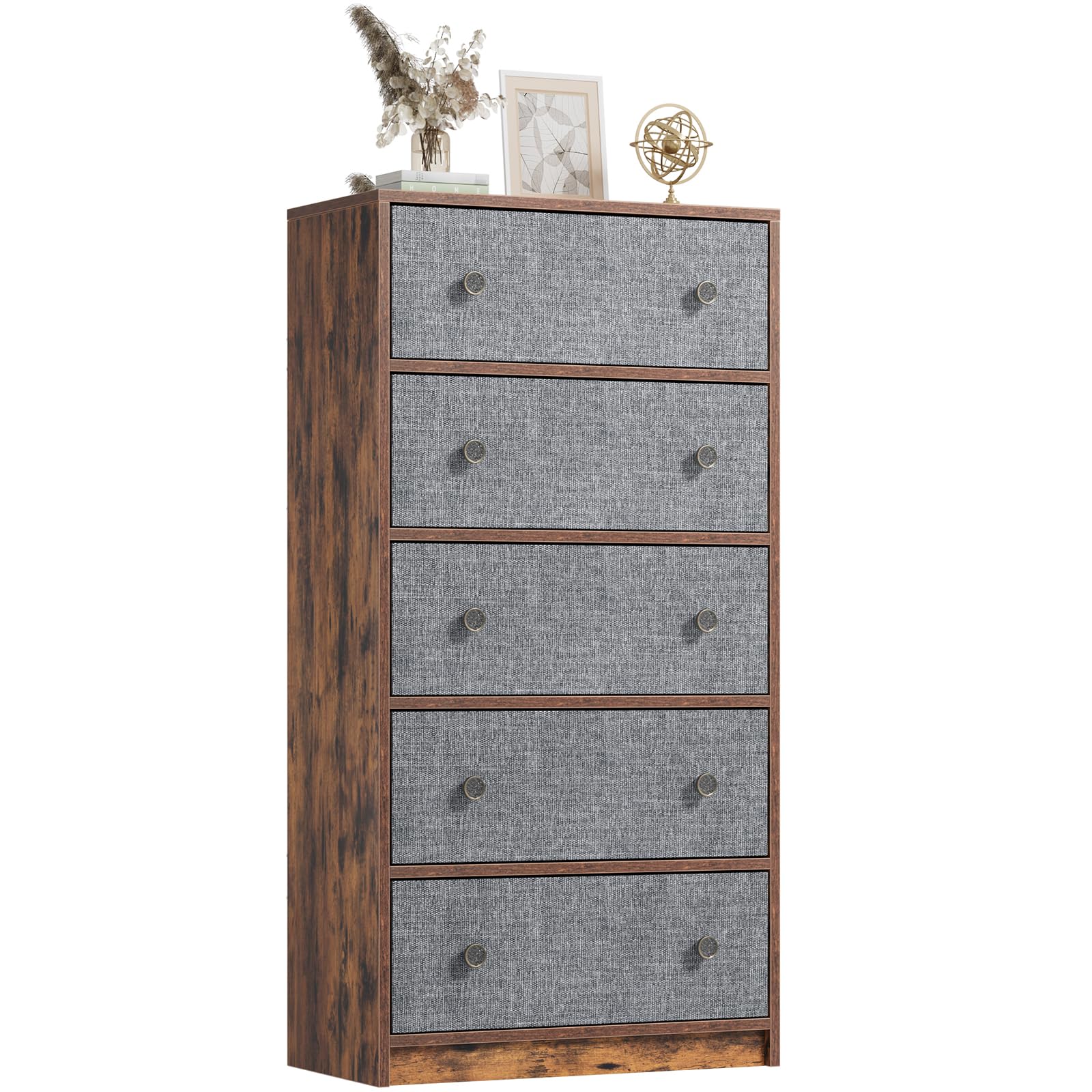 Nicehill Chest of Drawers with 5 Drawers, Wooden Frame & Retro Handles, Fabric Chest of Drawers for Bedroom, Living Room, Hallway, Entryway, Grey/Rustic Brown