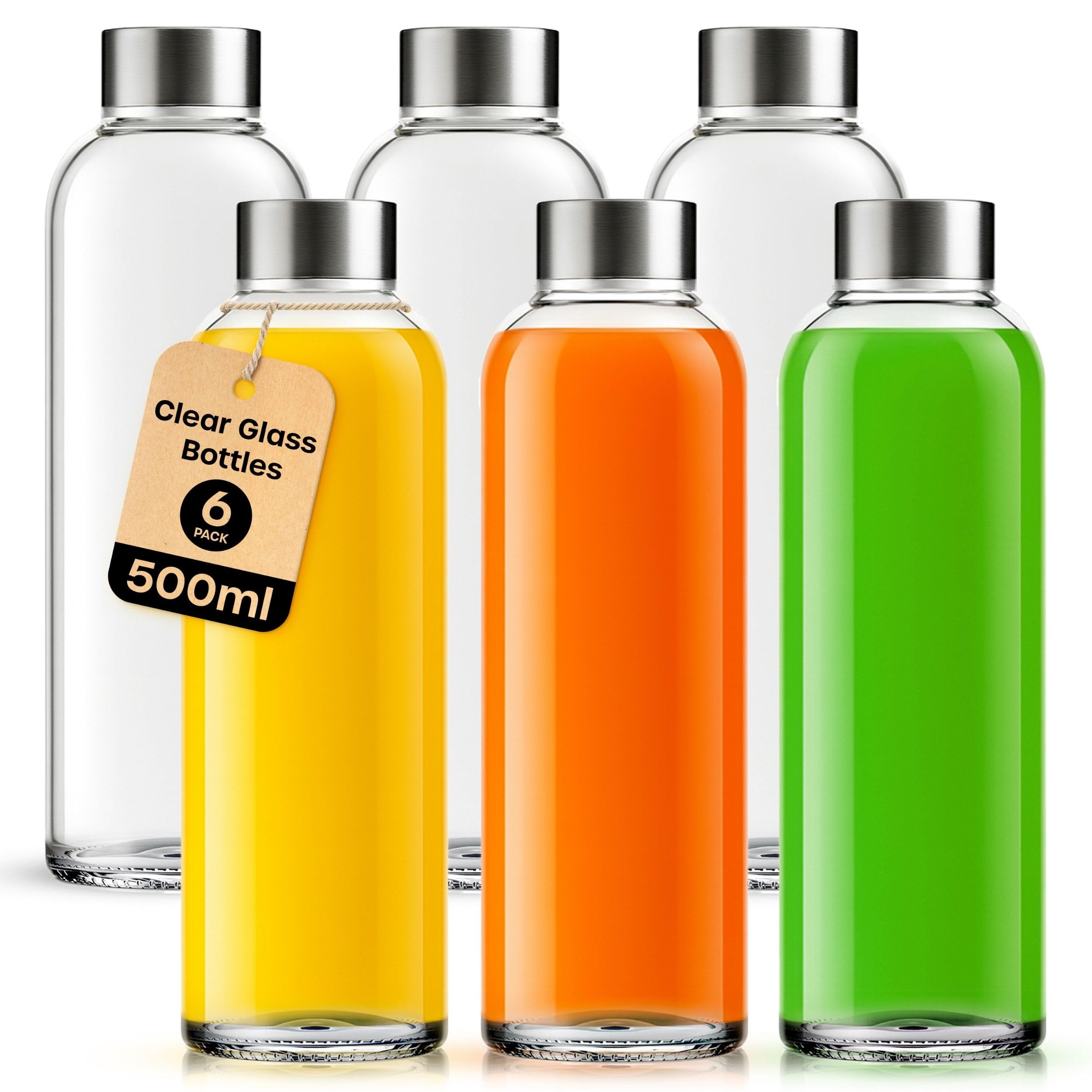 volila Glass Bottles with Lids - 6 Pack 500ml Leakproof, Reusable Glass Drinking Bottle for Water, Juice, Milk and Smoothie - with Airtight Metal Lids, Cleaning Brush and White Labels