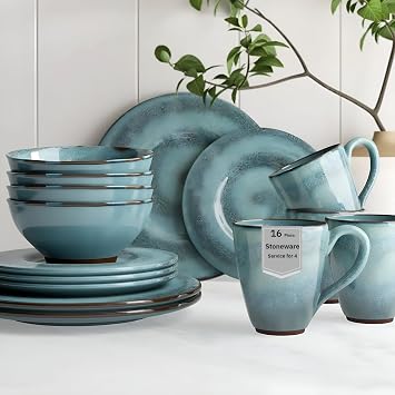 Sango 16-Piece Stoneware Dinnerware Set for 4, Glossy Blue & Green Coffee Mugs, Plates and Bowls Sets with Reactive Glaze, Ceramic Dish Set, Elegant Dishes, Microwave & Dishwasher Safe, Toren Denim