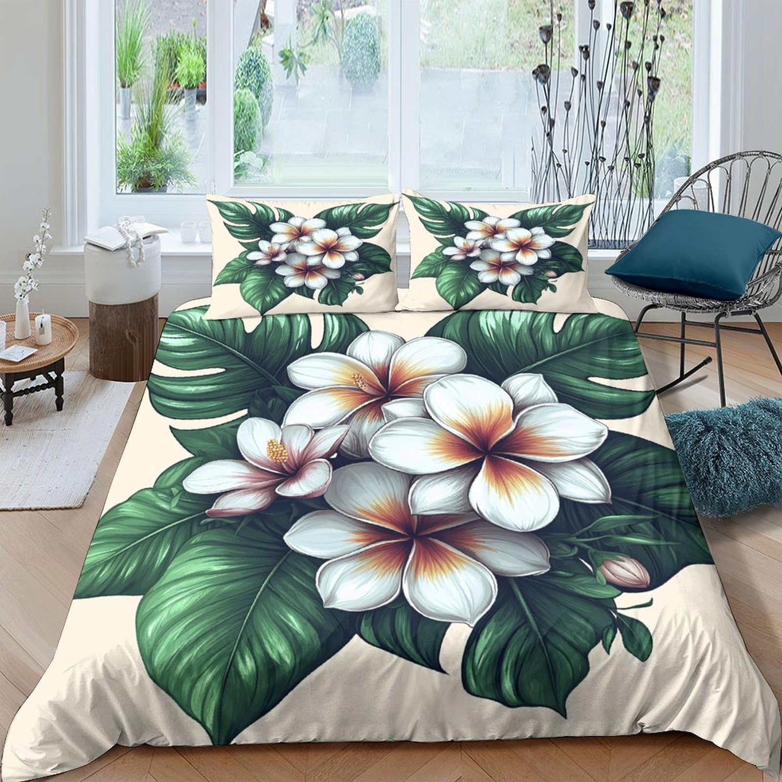 Ctjqhvkz Style-4 3D Printed Plumeria Blossom Fitted Sheet Microfiber Soft Breathable Tropical Leaf Bed Cover For Bedroom Decor Single（135X200cm）