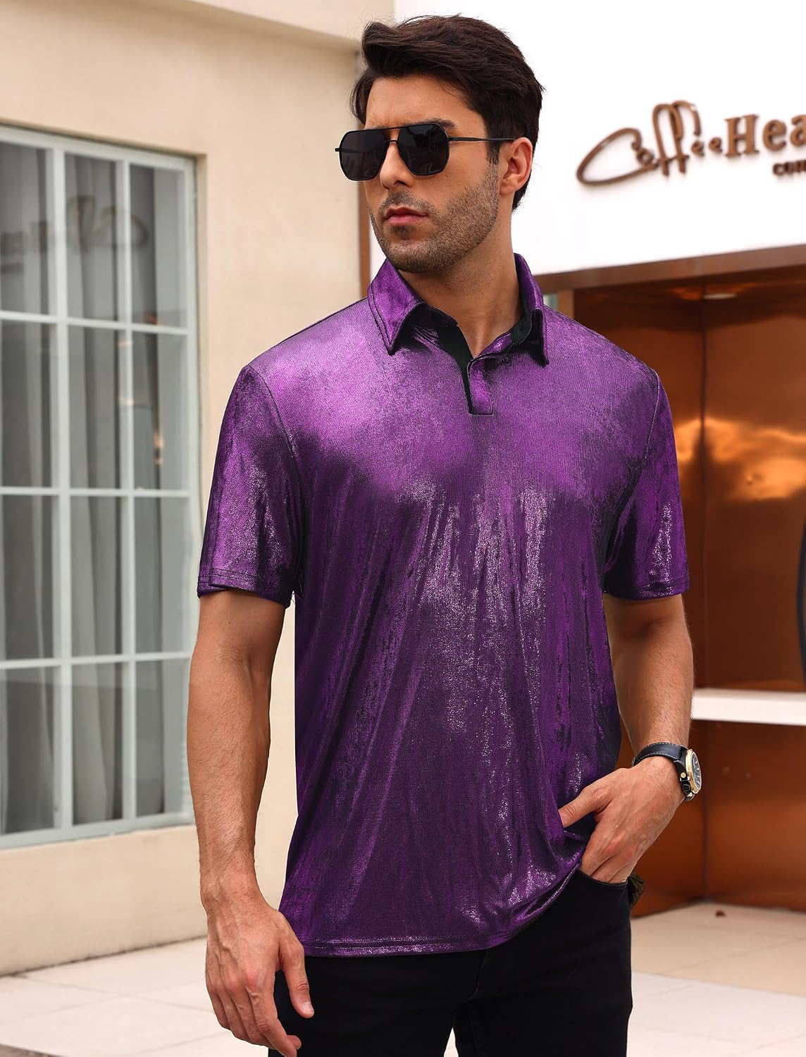 Men's 70s Disco Sparkly Shirt Short Sleeve Metallic Polo Shirts Party T-Shirts Nightclub Shirt Tops