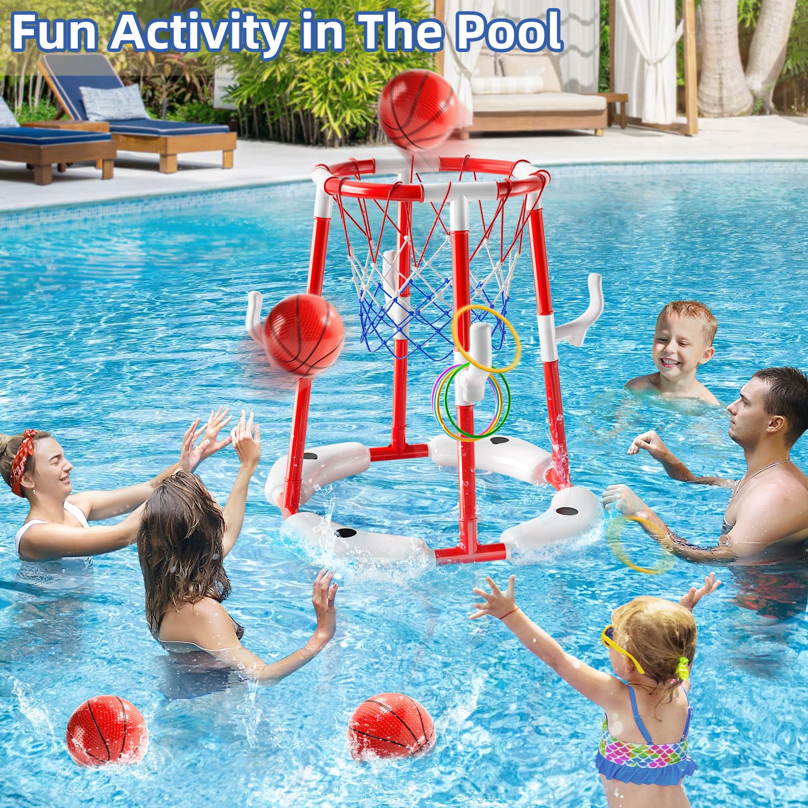 JUKUDAHU Pool-Basketballkorb für Kinder 3-12 Jahren 2-in-1 schwimmendes Pool Spielzeug mit Ringwurfspiel 4 Bälle und Pumpe