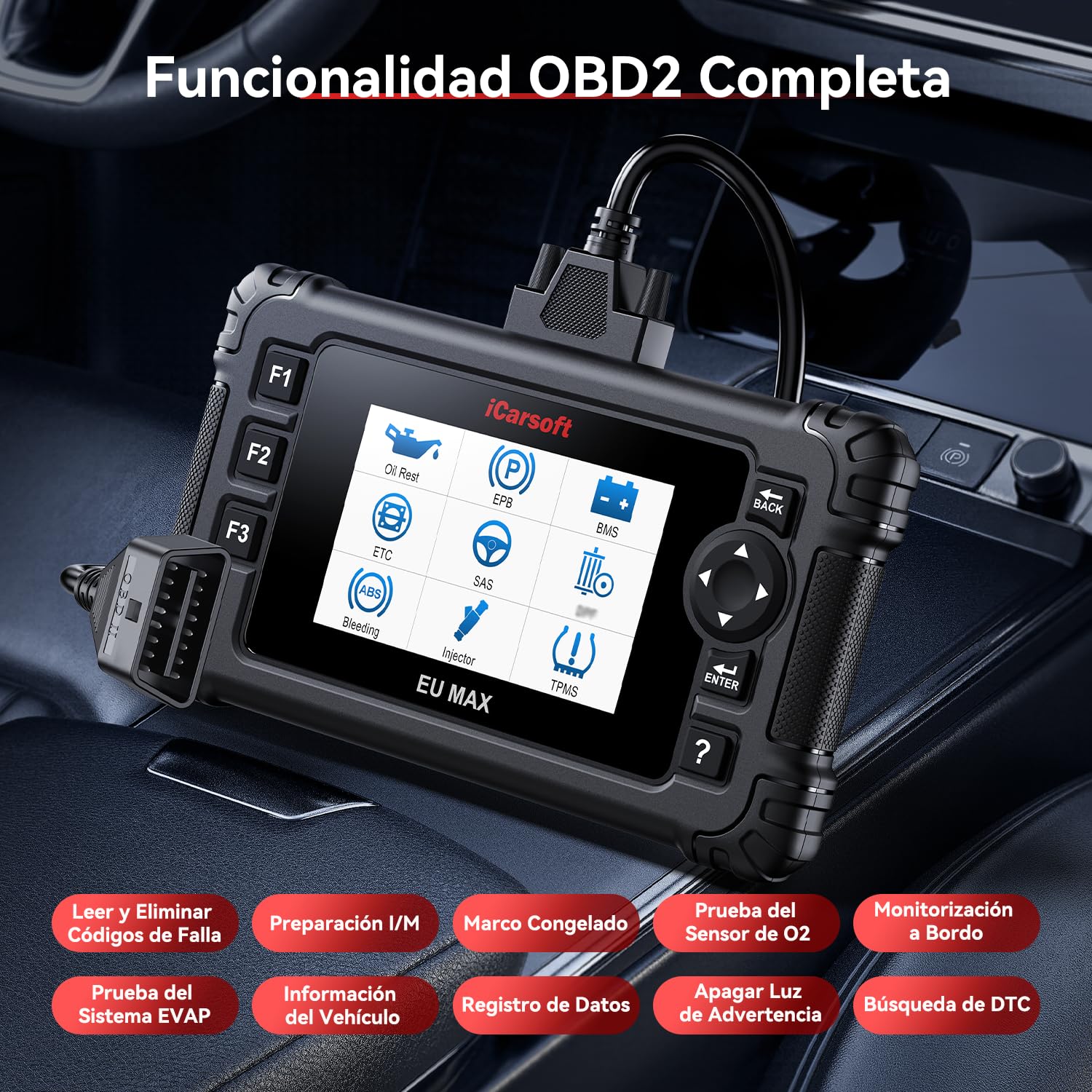 iCarsoft EU MAX OBD2 Máquina Diagnosis Coche para Marcas Europeas, Bidireccional Escáner de Todo el Sistema, 48 Funciones Reinicio, Prueba de Batería, Vin Automático, Actualizaciones de por Vida