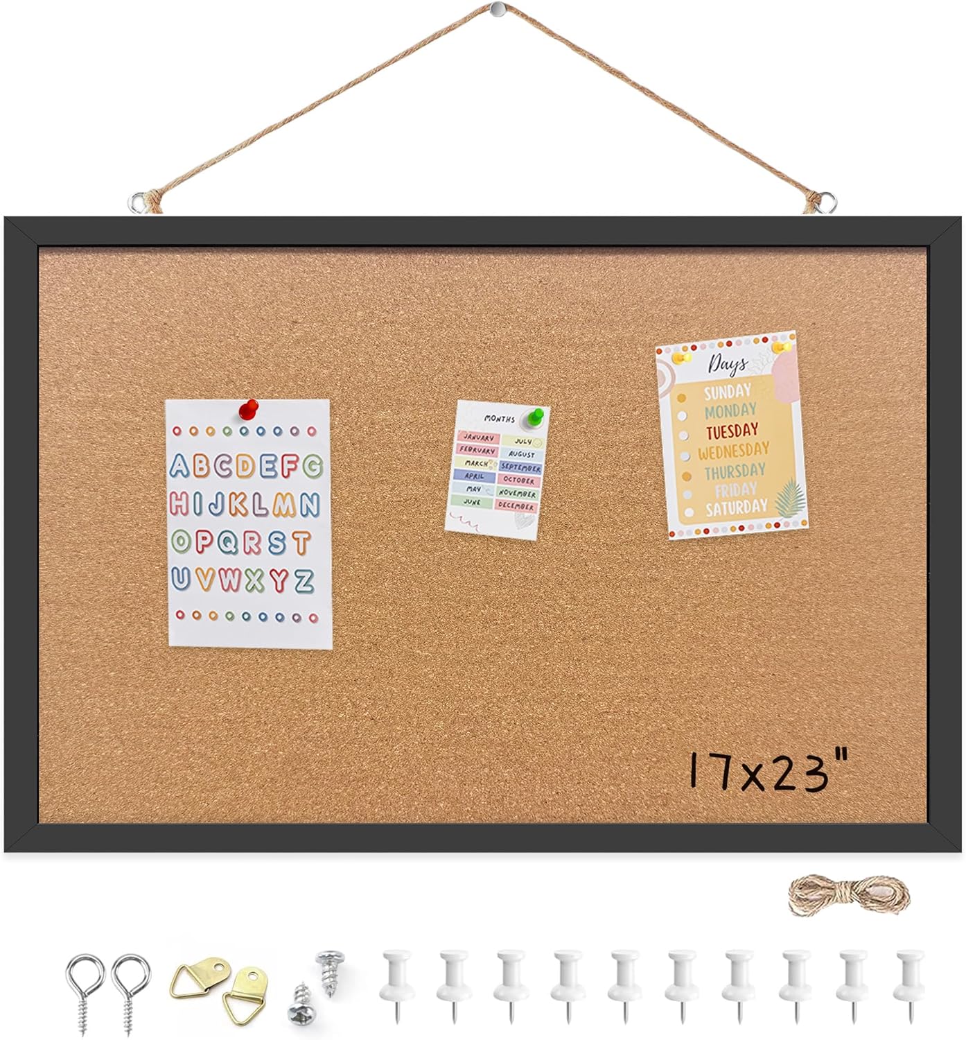 Buyitnow 17x23 Inch Hanging Cork Bulletin Board with Pins, Natural Cork Black Wood Frame for Dorm Office Home Wall Decor