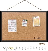 Buyitnow 17x23 Inch Hanging Cork Bulletin Board with Pins, Natural Cork Black Wood Frame for Dorm Office Home Wall Decor