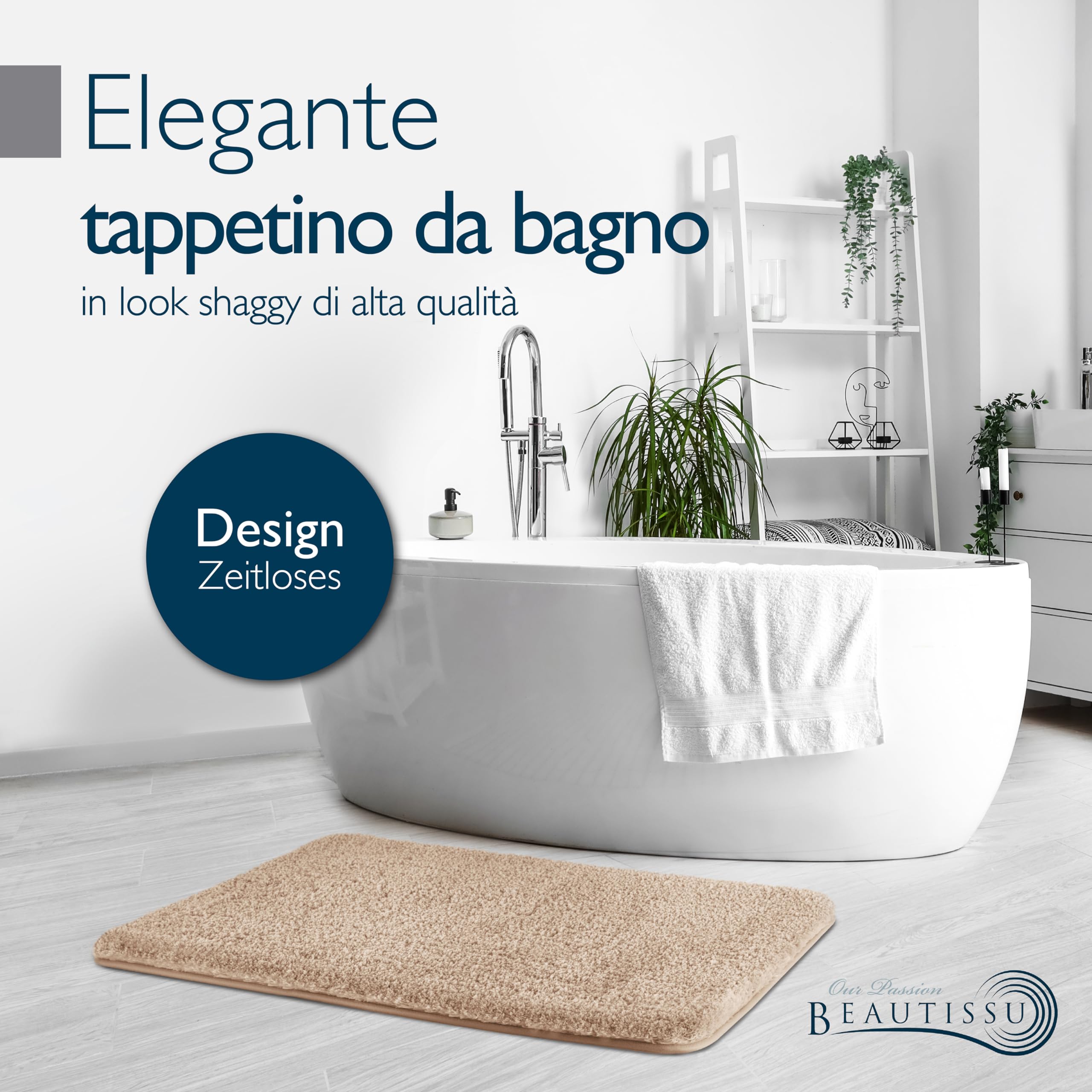 Beautissu Tappetino da bagno antiscivolo in pelo alto per doccia vasca e WC | 120x70cm beige morbido in microfibra anche per pavimenti riscaldati ottica shaggy Tappeto lavabile scendidoccia BeauMare FL