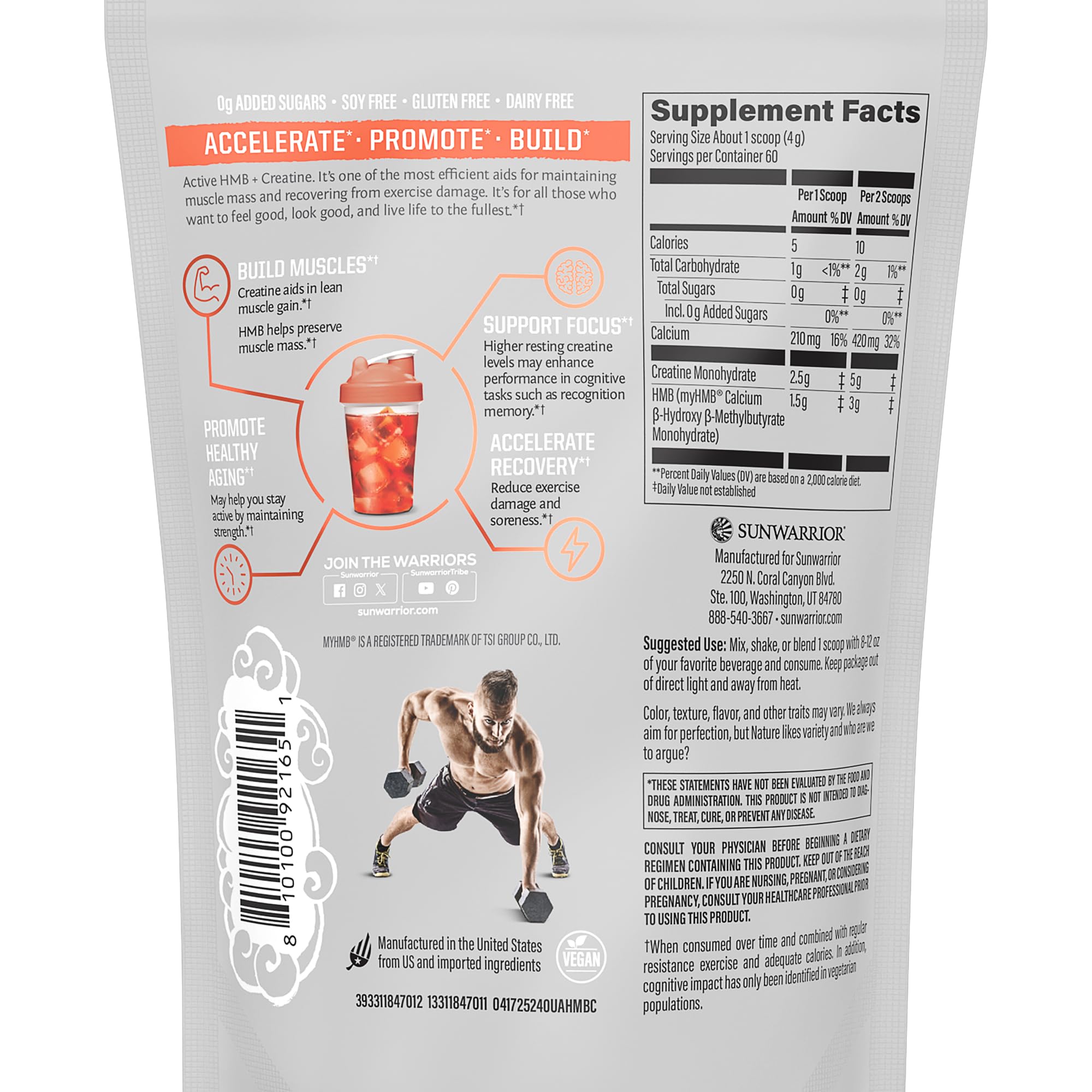 Sunwarrior Creatine HMB Monohydrate Powder Muscle Recovery, 240g Pre Workout Supplement for Men & Women, Micronized Leucine Recovery Supplement Unflavored 30 Servings — Amazon image 2
