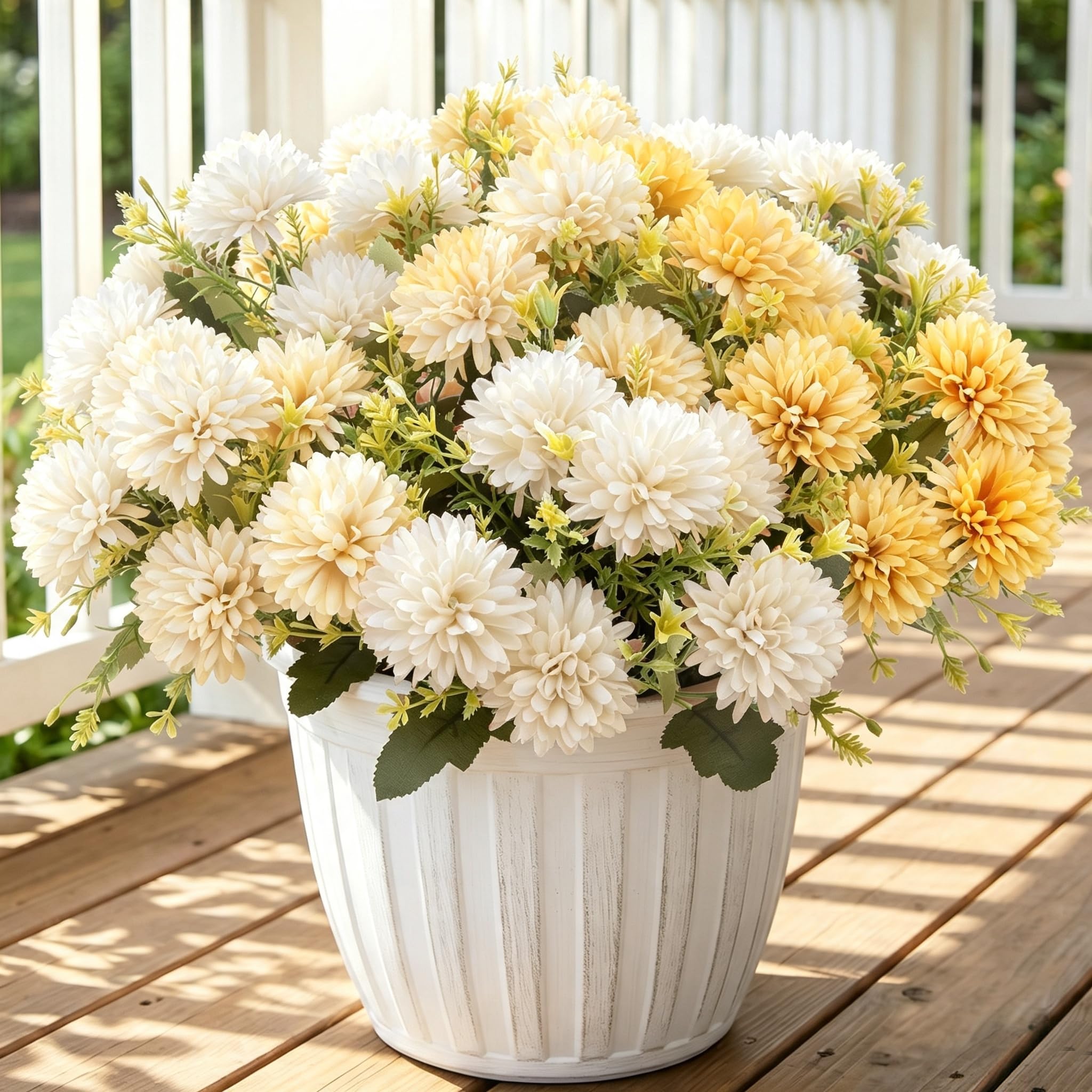 Photo 1 of 36 Pcs Artificial Mums Flowers for Outdoor, UV Resistant Fake Fall Chrysanthemums Marigold Plant, Autumn Floral Arrangements for Outside, Garden, Yard (36, Purple, Yellow, White, Light Purple)