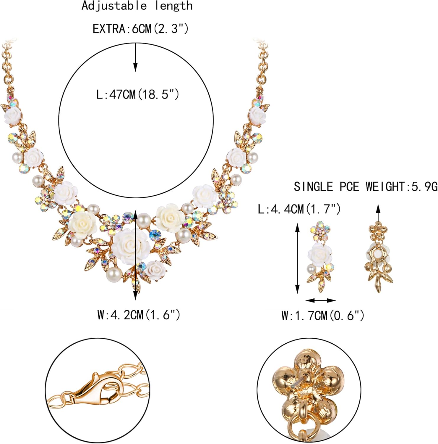 EVER FAITH Women's Austrian Crystal Simulated Pearl Rose Flower Leaf Necklace Pierced Earrings Set
