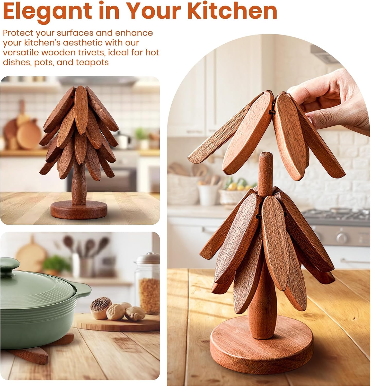 5Pcs Wooden Trivets for Hot Dishes - Heat Resistant Hot Pads for Kitchen, Tree Shaped Wood Trivet Set of 5 with Stand, Walnut Wooden Kitchen Accessories for Pots and Bowls (Walnut Wood 5)