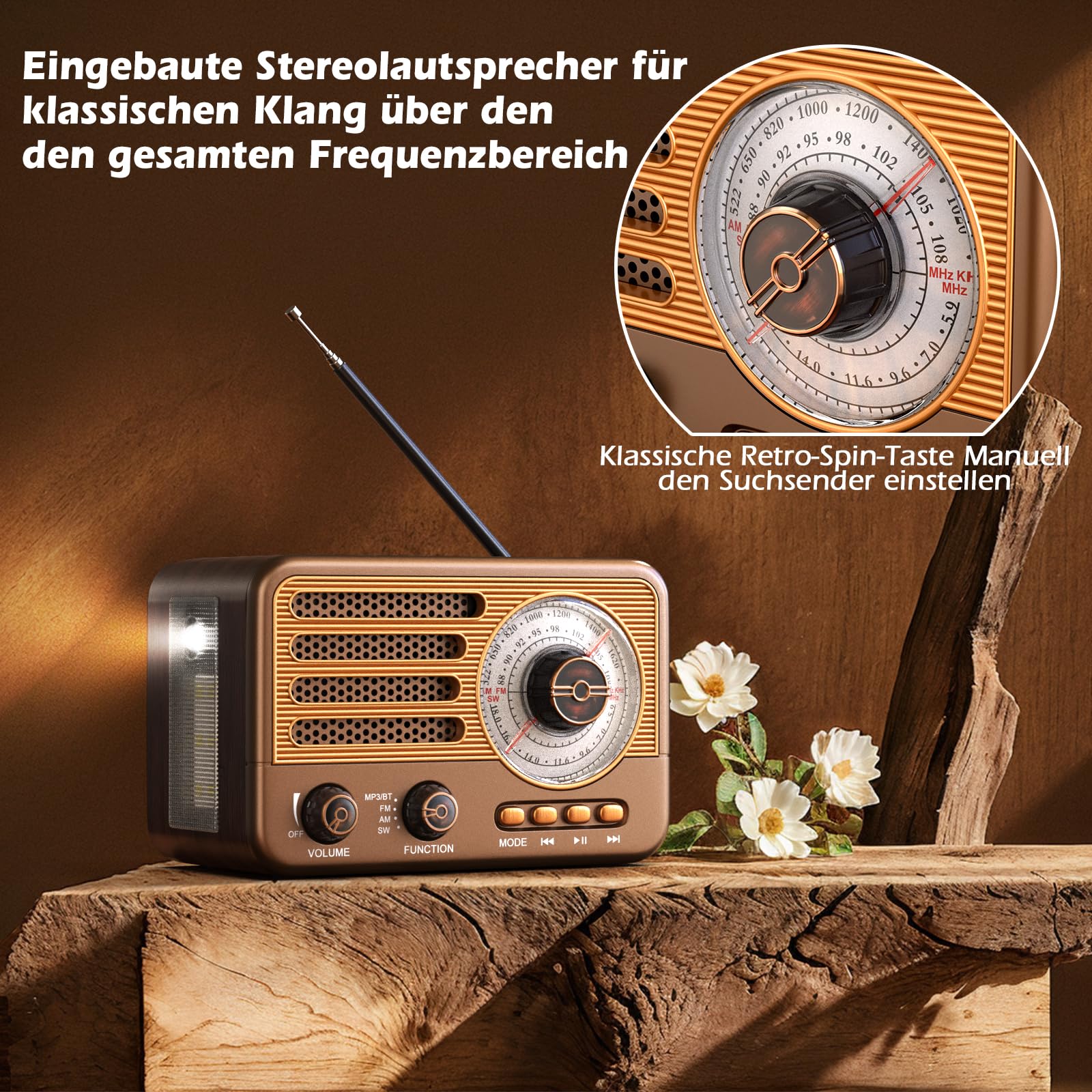 Vintage-Transistorradio – Retro-Stil mit moderner Reichweite, tragbar, AM/FM/SW, mit USB/TF/Aux-MP3-Wiedergabe und wiederaufladbarem 1800-mAh-Akku