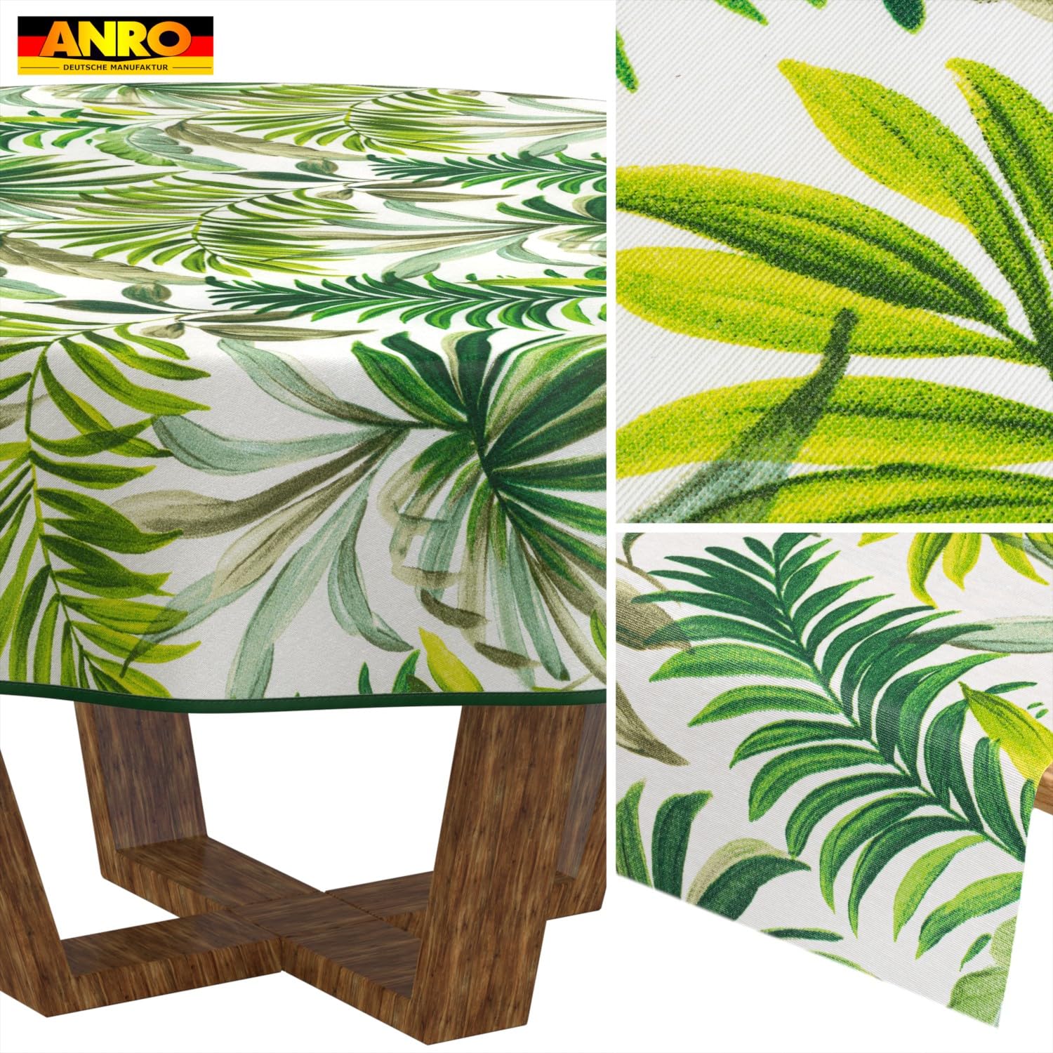ANRO Tischdecke abwaschbar Palmen Rund 140 cm – wasserabweisend Indoor Outdoor, Lotuseffekt, mit Saum