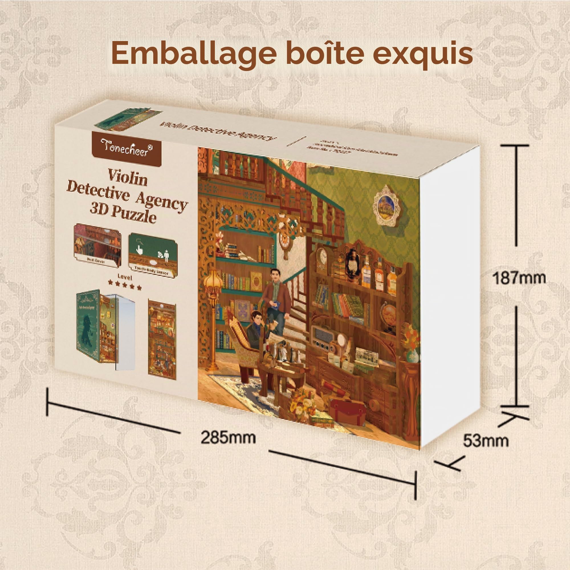 Tonecheer Book Nook avec Lumière LED Kit Maisons de Poupées DIY Maison Miniature Puzzle en Bois 3D pour Adultes Bibliothèque Décoration Cadeau d'anniversaire（Agence de détective de Violon