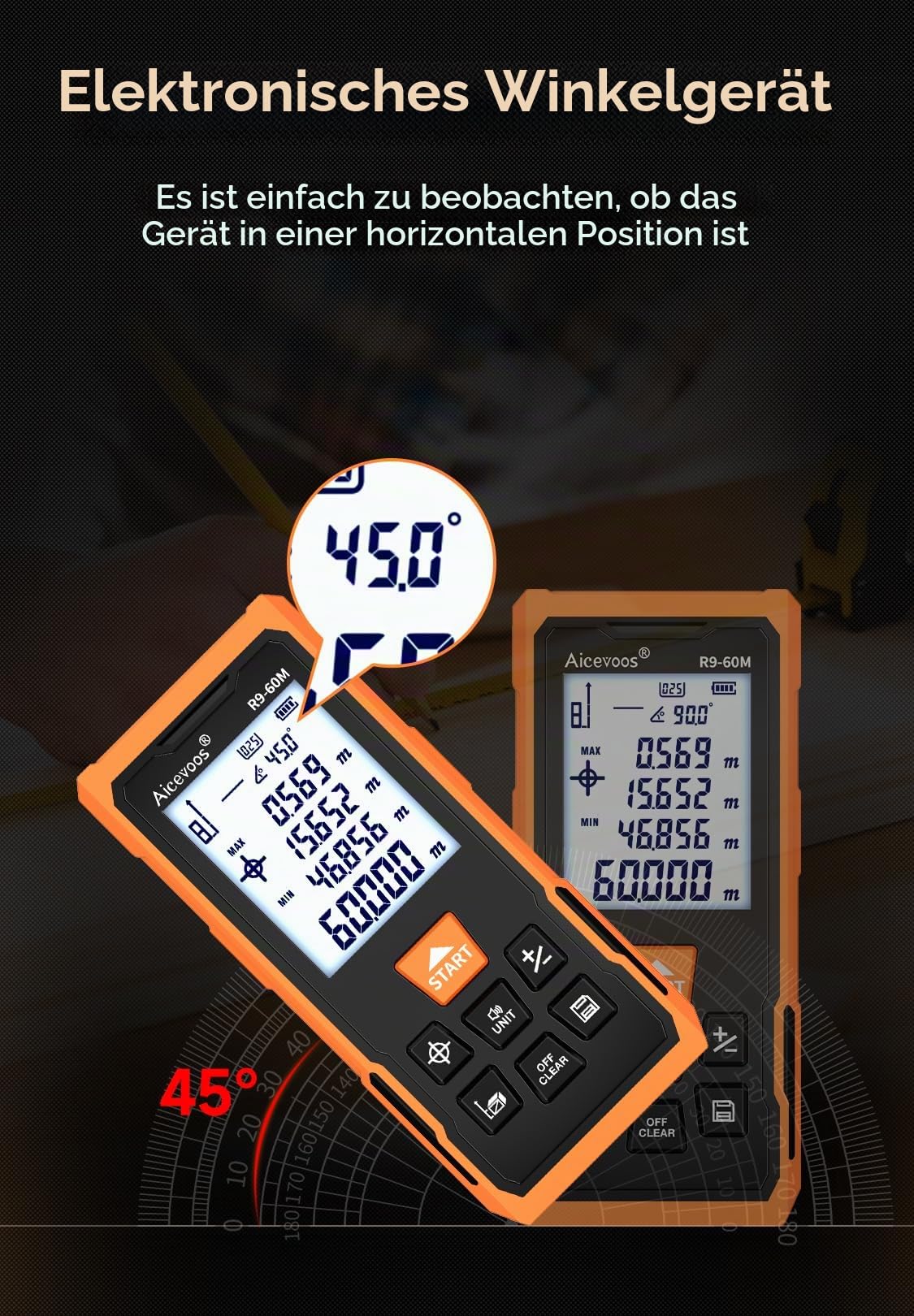 R9 Laser Entfernungsmesser Hohe Genauigkeit, 60 m, Laser-Maßband, Compaktes Laser-Messgerät mit Größerem Hintergrundbeleuchtetem LCD-Display und Kreuzlaser, ft/m/in-Umschaltung, Wasserwaage