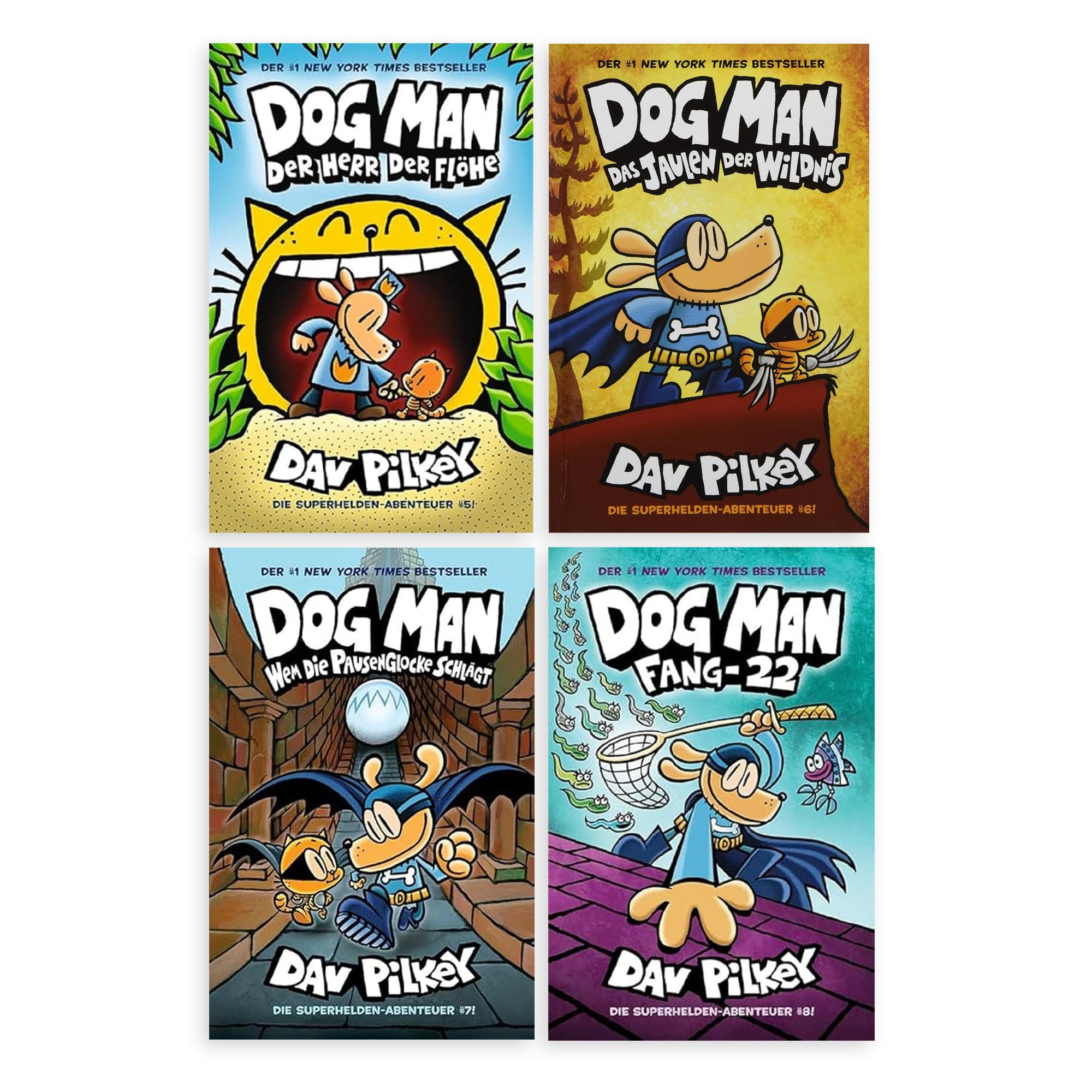 Dog Man Bücher Set Band 5-8 von Dav Pilkey – 4 Comic-Bände für Kinder: Herr der Flöhe, Das Jaulen der Wildnis, Wem die Pausenglocke schlägt und Fang-22 – lustige Kinderbücher mit exkl. Lesezeichen