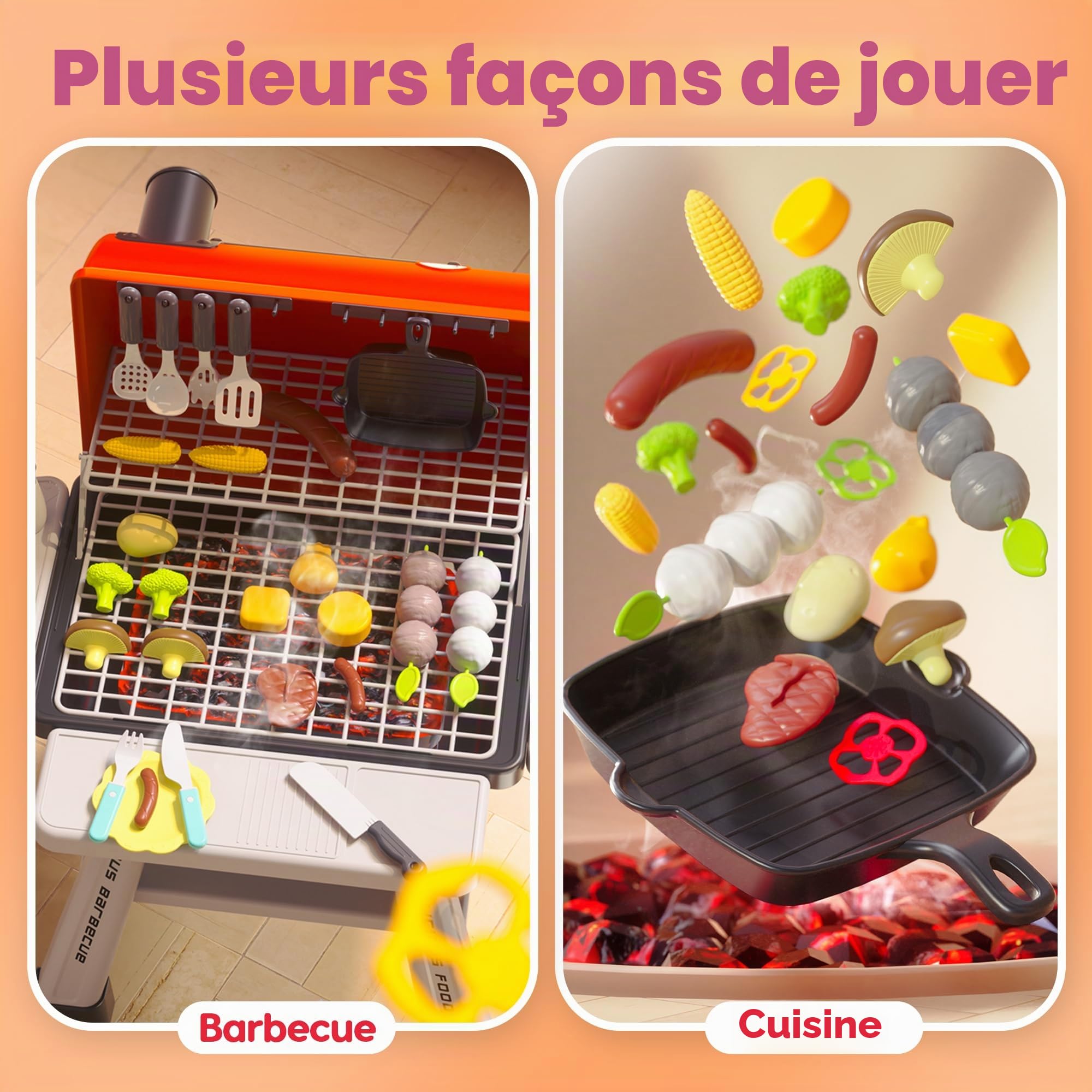 CUTE STONE Jouet de Barbecue pour Enfants, Ensemble de Jouets de Cuisine, Ensemble de Jeu de Barbecue à fumée réaliste avec Accessoires de Cuisine