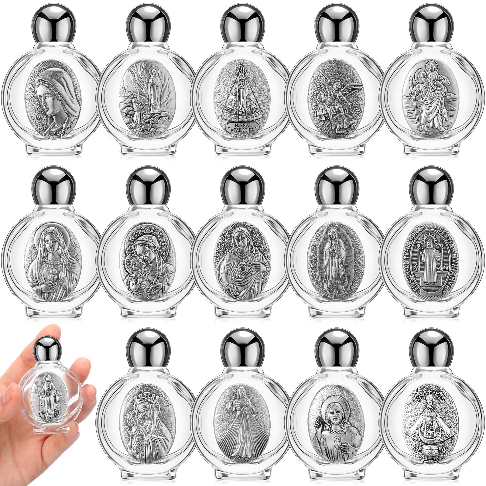 Domensi 15 Pcs Glass Holy Water Bottles 15 Style Catholic Holy Water Container 0.5 Floz Small Embossed Travel Empty Bottles Church Decor for Spiritual