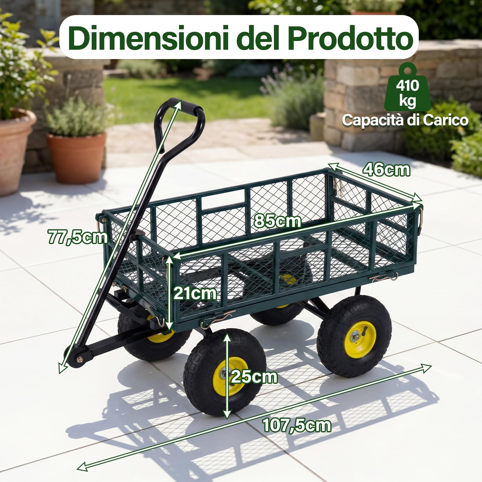 COSTWAY Carrello da Giardino in Metallo, Carretto a Mano con 4 Ruote Pneumatiche, Sponde Rete Rimovibili, Borsa Portaoggetti e Manico Regolabile, Portata 410 kg, per Giardinaggio, Trasporto e Fattoria
