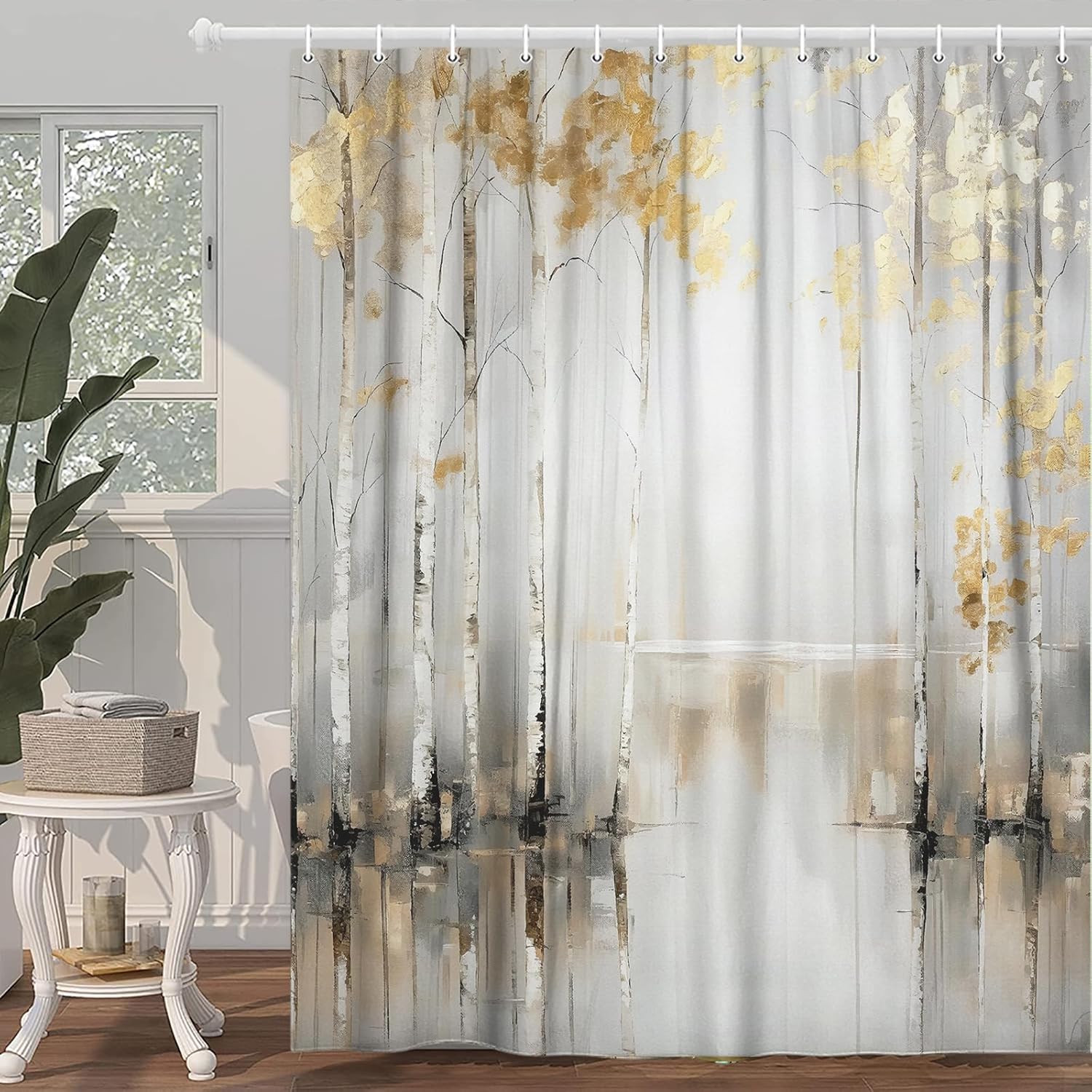 Abstract Gold Grey Tree Shower Curtain, Neutral Marble Boho Ombre Minimalist Chic Art Oil Painting Modern Style Shower Curtain Set, Bright Gray Landscape Fabric Bathroom Curtain 12 Hooks, 70 X 84IN