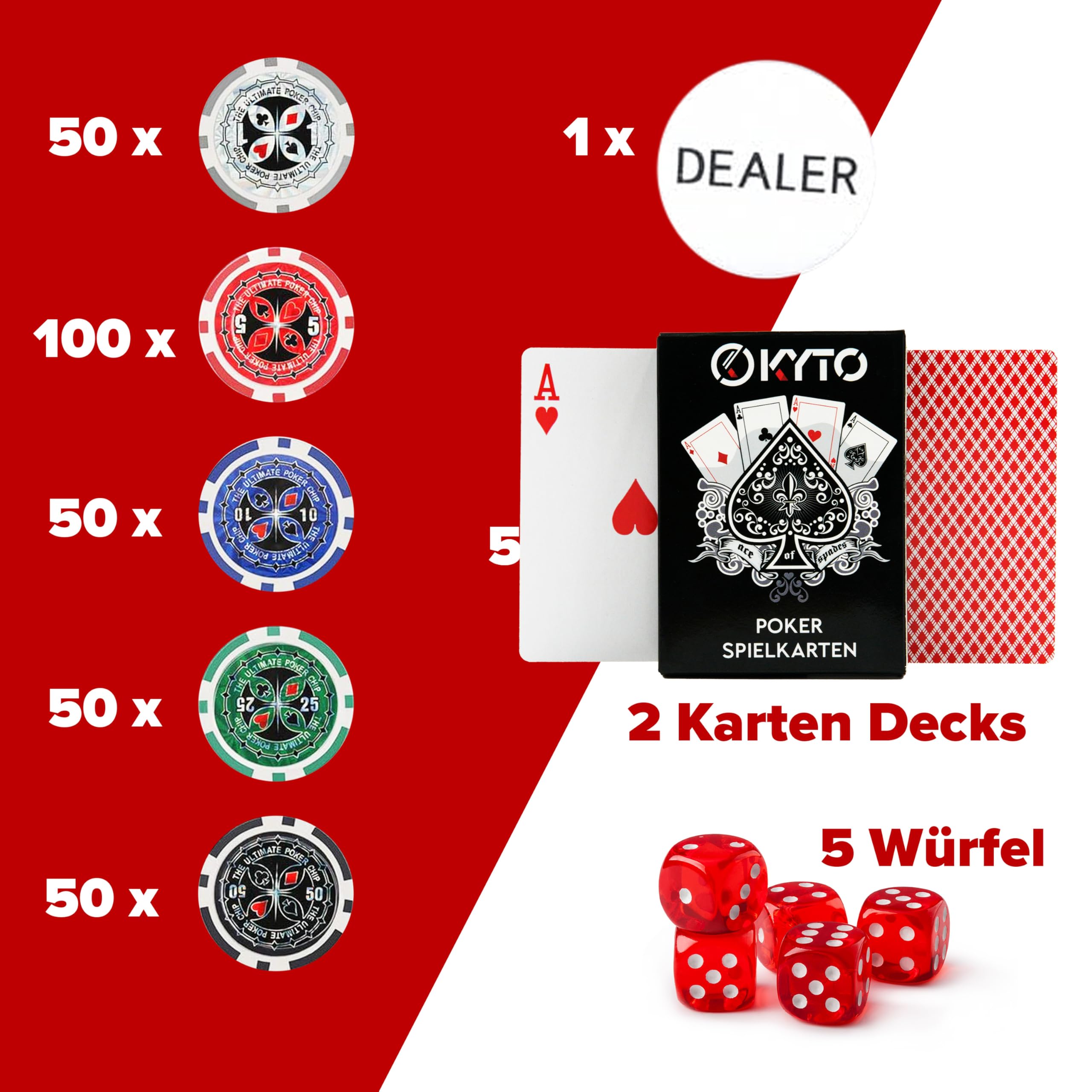 Kyto Pokerkoffer 300-tlg. Poker Set - Ideales Texas Holdem Set - Mit Koffer, Pokerchips, Pokerkarten und Pokermatte - Perfektes Pokerspiel für Profis und Anfänger im Cash Game und Turnier Poker