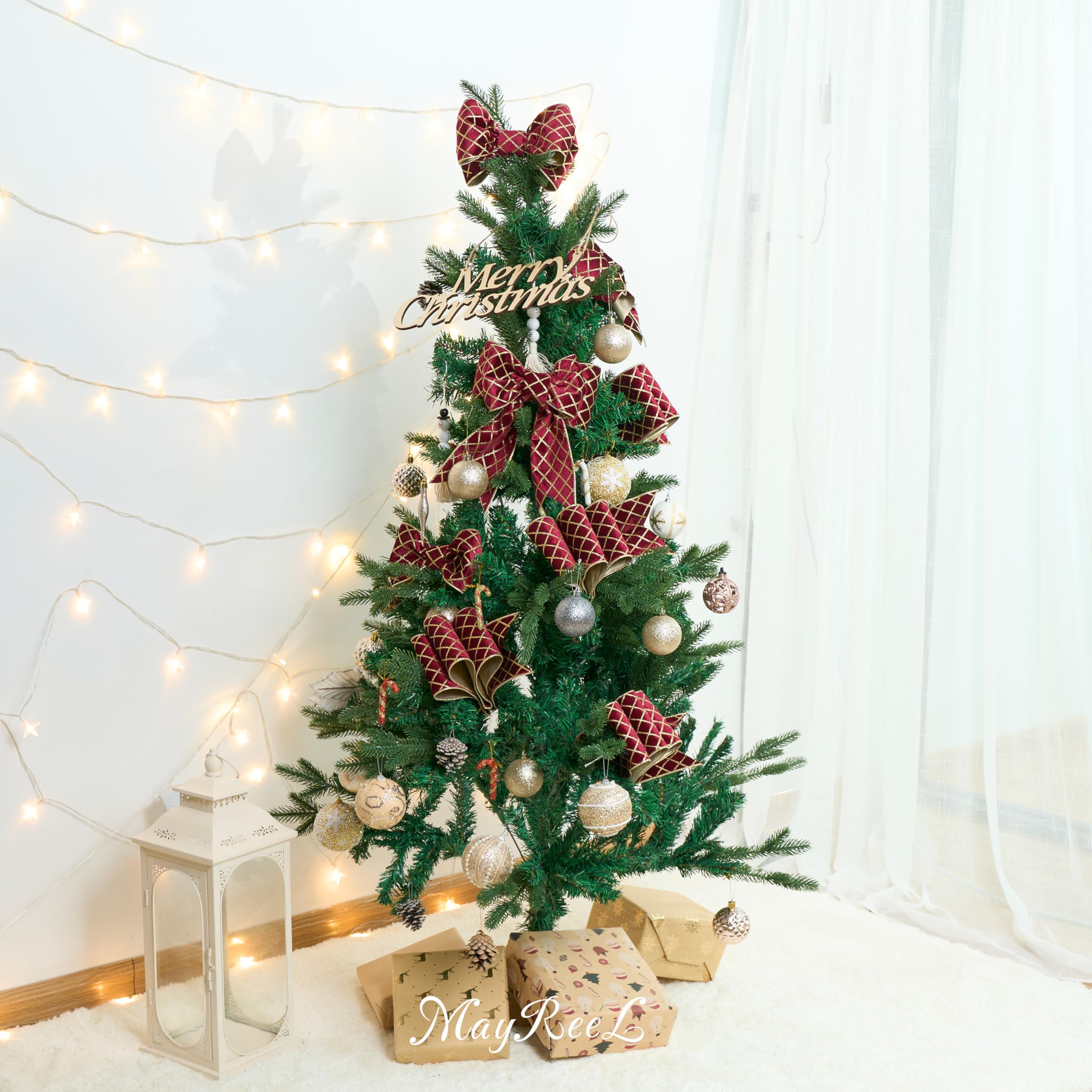 MAYREEL Burgunderrotes und goldenes Weihnachtsbaumband, 10,2 cm, metallischer Diamant-Glitzer, Samt, Drahtkante, Gitterband für Geschenkverpackungen, Blumenhandwerk, Schleifen, Kränze, Girlande,