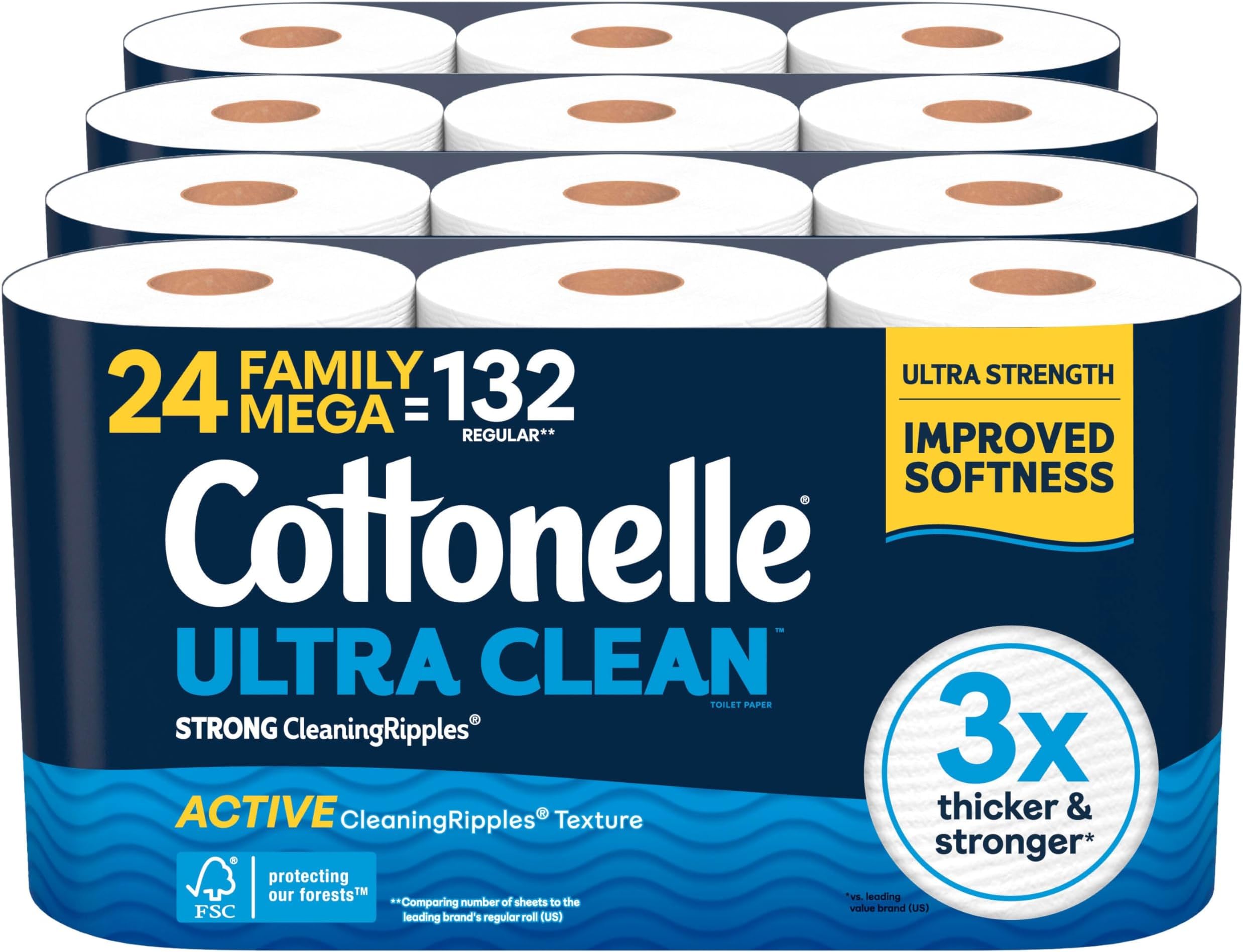 - Ultra Clean Toilet Paper with Active CleaningRipples Texture, Strong Bath Tissue, 1-Ply, White, 24 Family Mega Rolls = 132 Regular (4 Packs of 6)