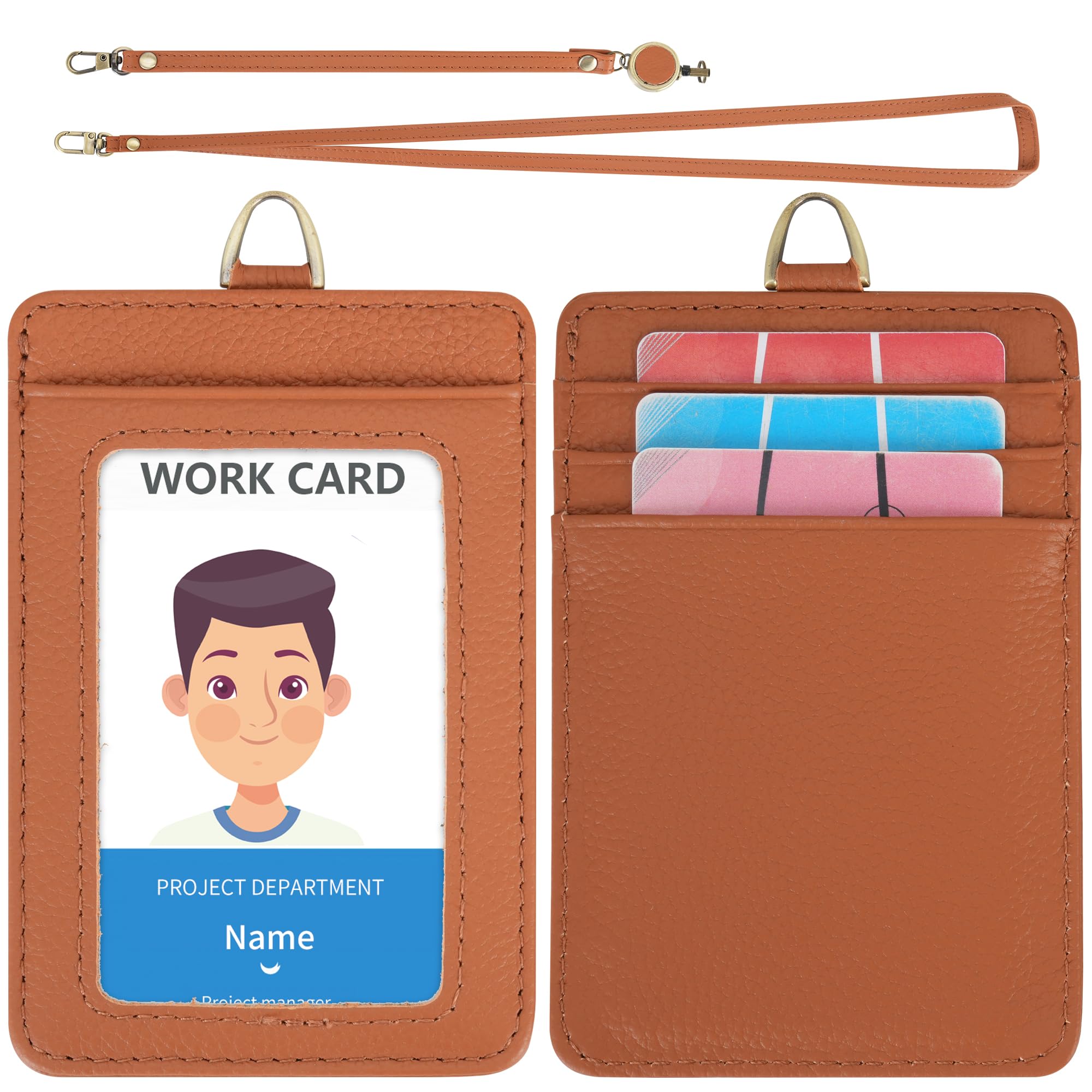 Wason ID Badge Holder with Genuine Leather Case, Detachable Neck Lanyard, Hand Strap, Retractable Badge Reel