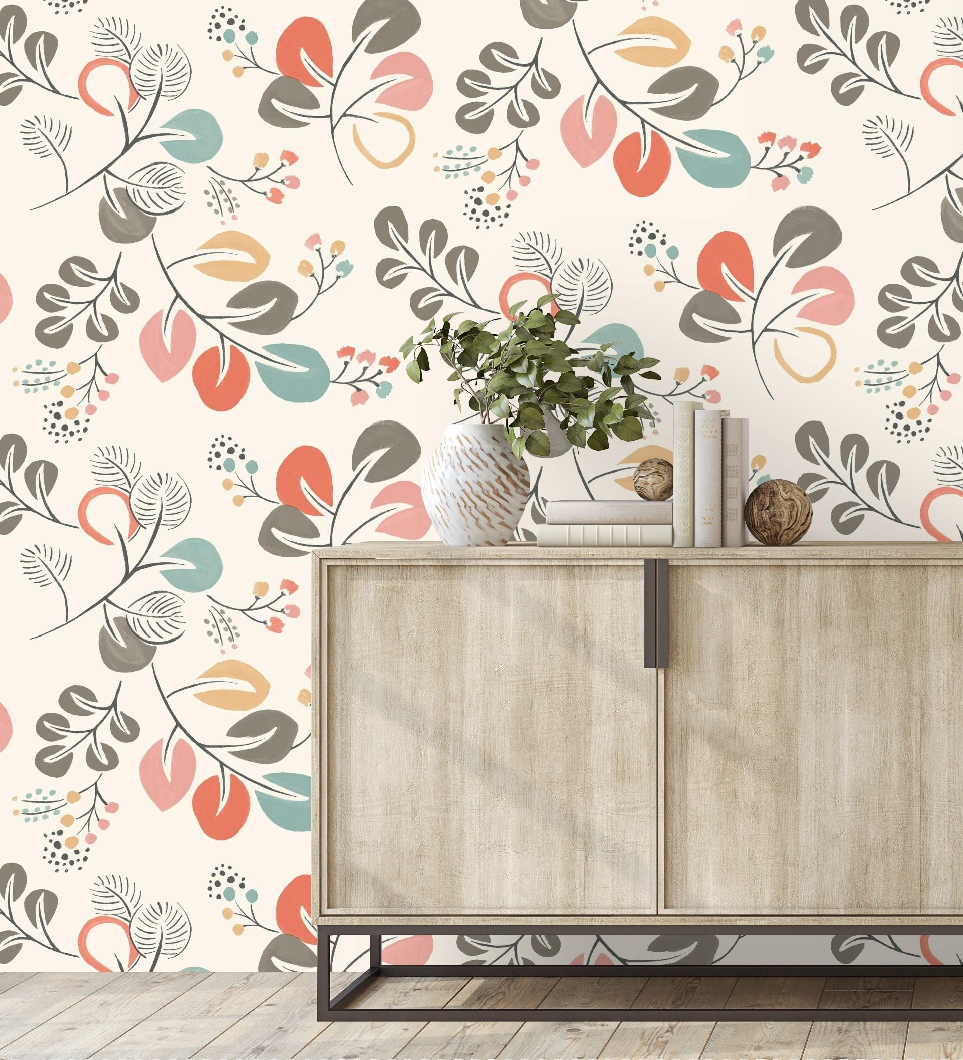 GAULAN 679414 - Papel pintado vinílico ecológico de hojas de estilo nórdico tonos coral para pared salón cocina baño dormitorio mueble - Rollo de 10 m x 0,53 m
