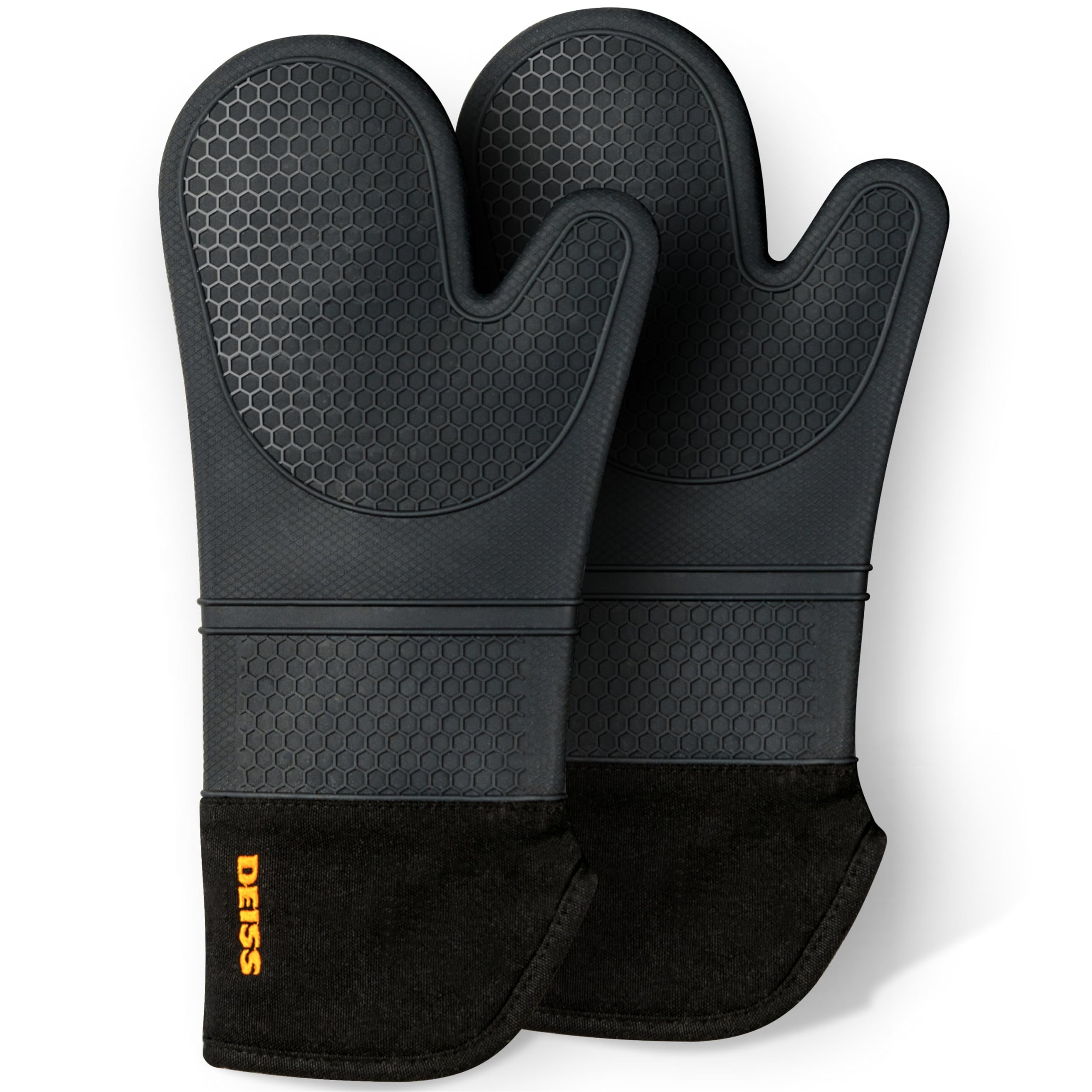 Deiss PRO Hitze- und schmutzabweisendes Silikon-Ofenhandschuh-Set, weiche, baumwollgefütterte Grillhandschuhe, wasserdicht, extra Lange, Flexible, Dicke Küchenhandschuhe zum Kochen