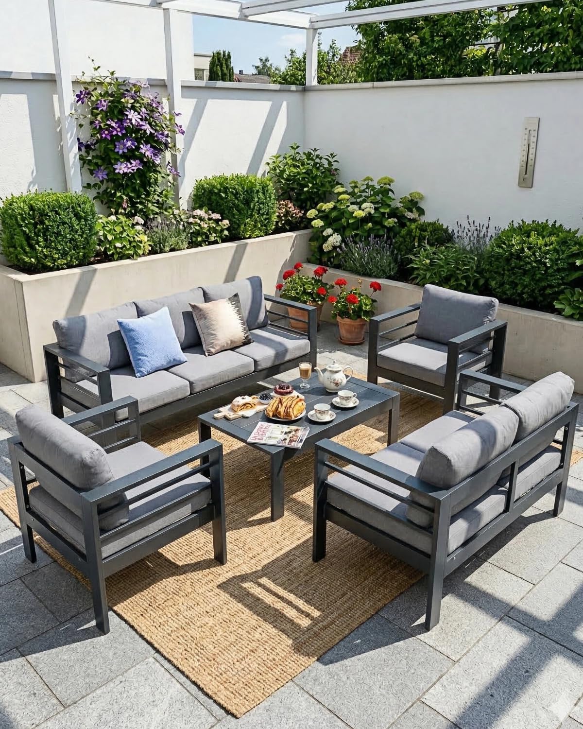 Atenza Aluminium Gartenmöbel Set Lounge Sitzgruppe 6-7 Personen | 5-teilige Outdoor Gartengarnitur mit WPC-Couchtisch, 12cm dicken Kissen & waschbaren Kissenbezügen für Terrasse & Balkon