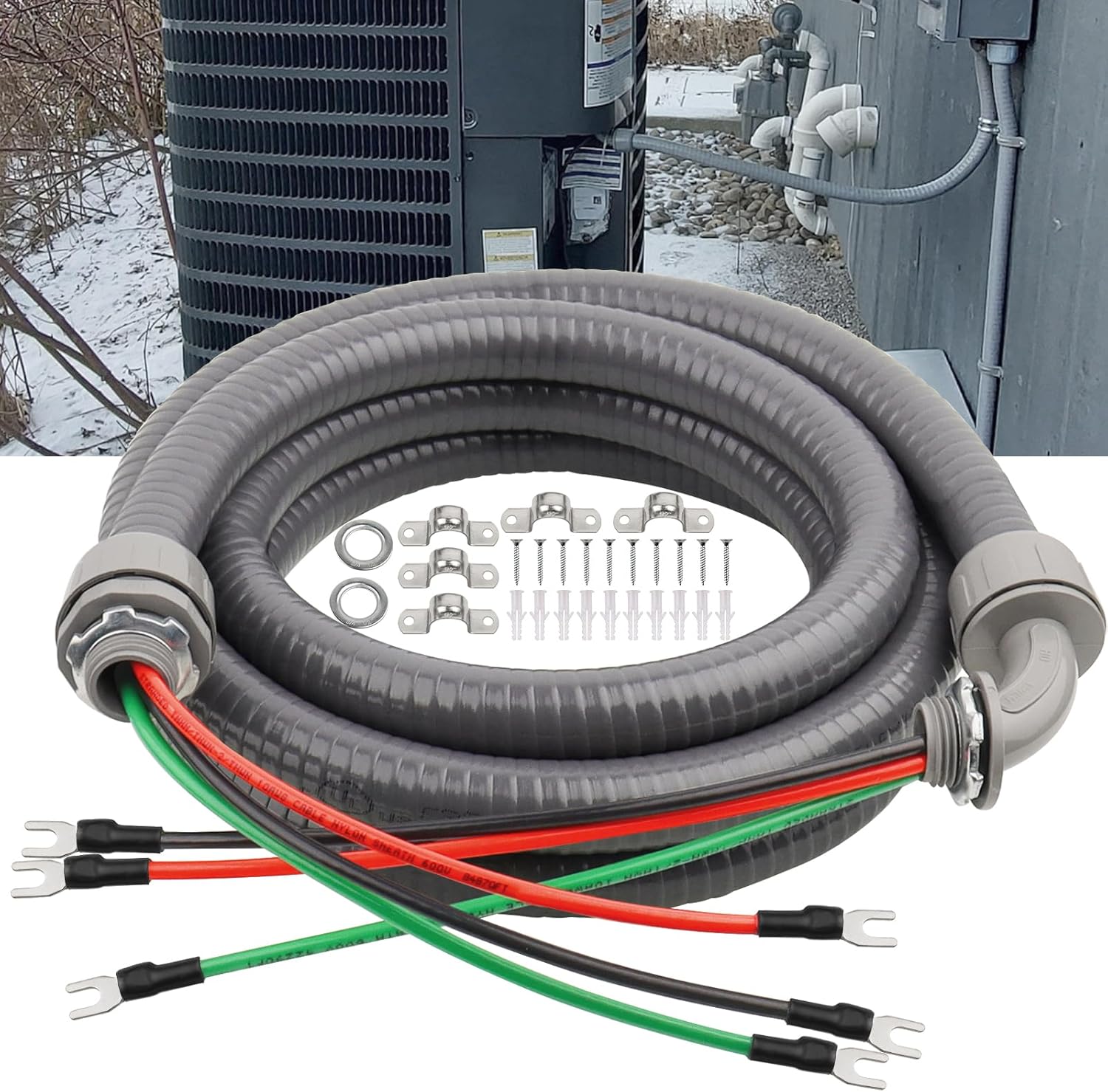 1/2Inch Power Whips Assembly, 8FT Nonmetallic Liquid Tight Flexible Conduit Wire with 3 Conductors 10 Gauge THHN Electrical Wires, A/C Hook-up Whip Kit Electrical Wire(8FTx1/2Inch)
