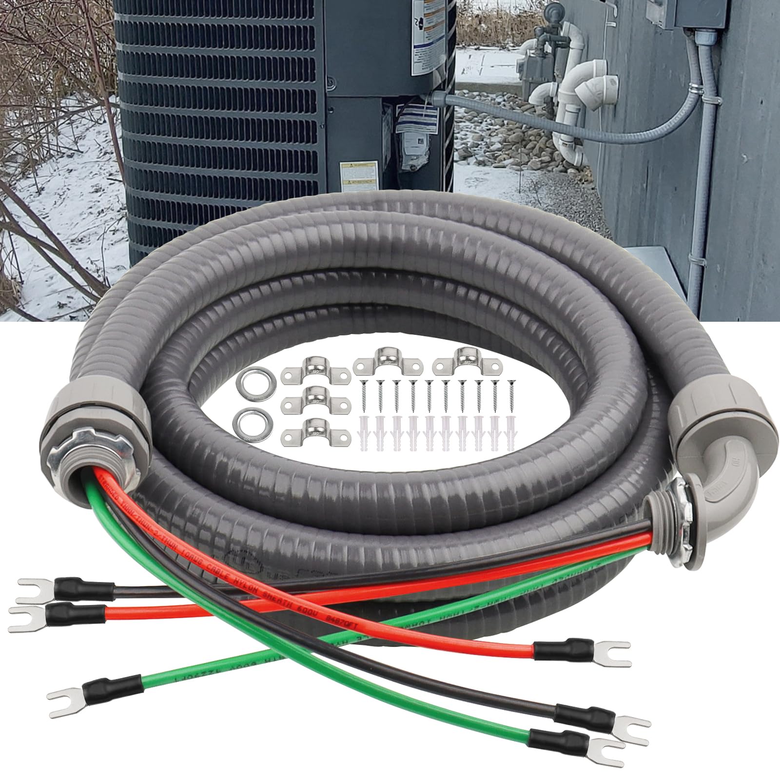 1/2Inch Power Whips Assembly, 8FT Nonmetallic Liquid Tight Flexible Conduit Wire with 3 Conductors 10 Gauge THHN Electrical Wires, A/C Hook-up Whip Kit Electrical Wire(8FTx1/2Inch)