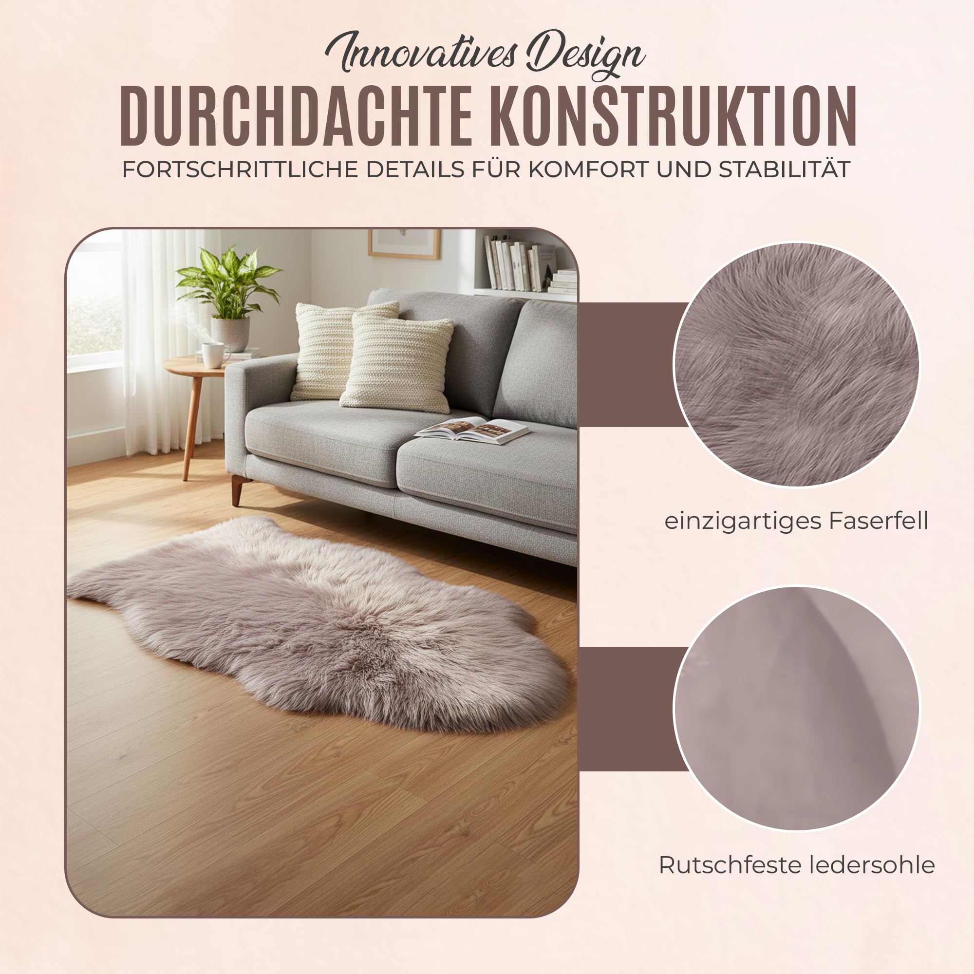 Schaffell Teppich Echtes Lammfell 100% Naturfell Weicher Sheepskin Teppich, Flauschiger Schafspelz als Bettvorleger, Sitzfell Deko Fell für Sofa & Wohnzimmer (Taupe, L: 100 bis 110cm)
