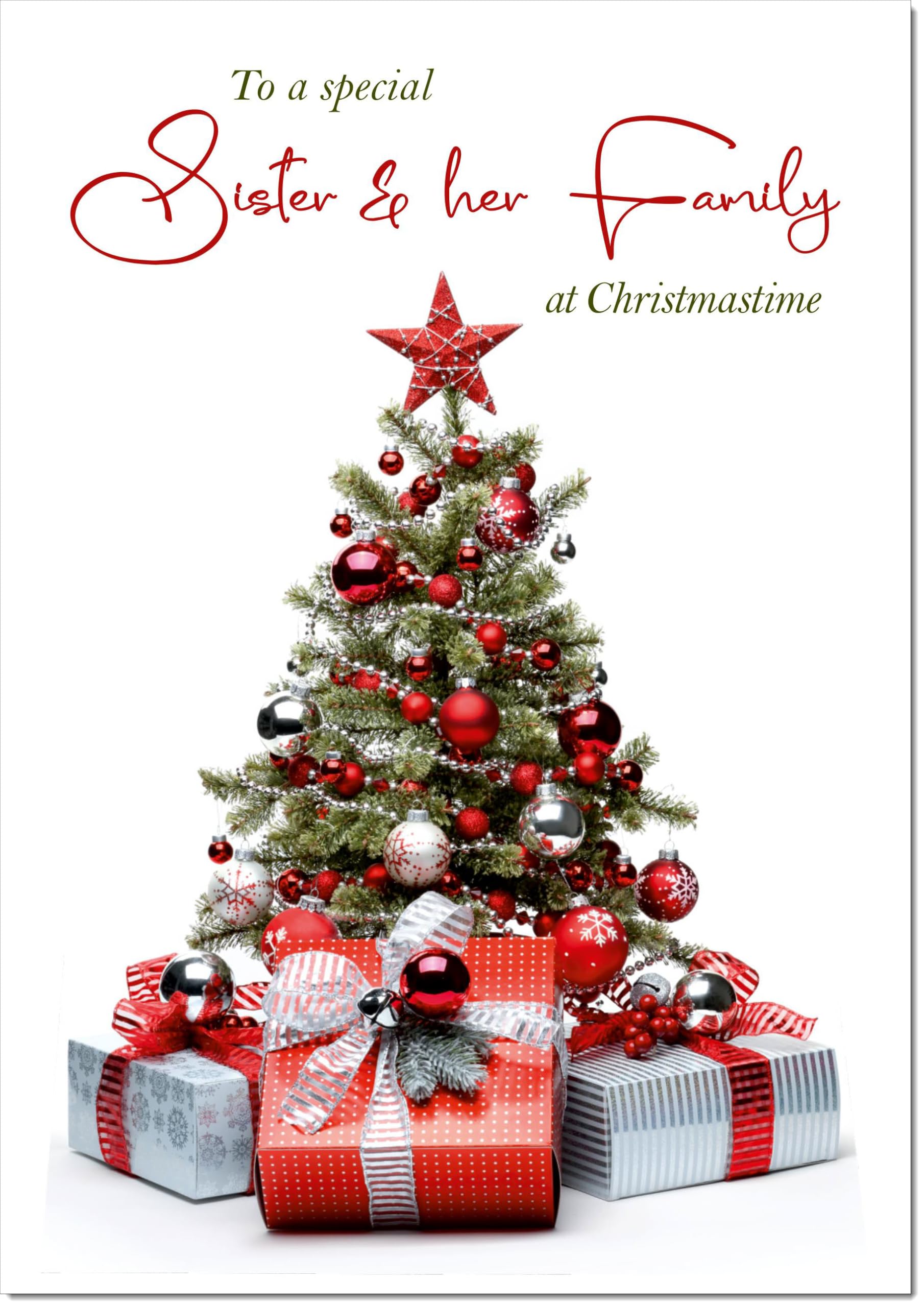 doodlecards Sister and Family Christmas Card Christmas Tree and Parcels Large A4 Size Christmas Card for Sister & Family with Plain Envelope — image 1