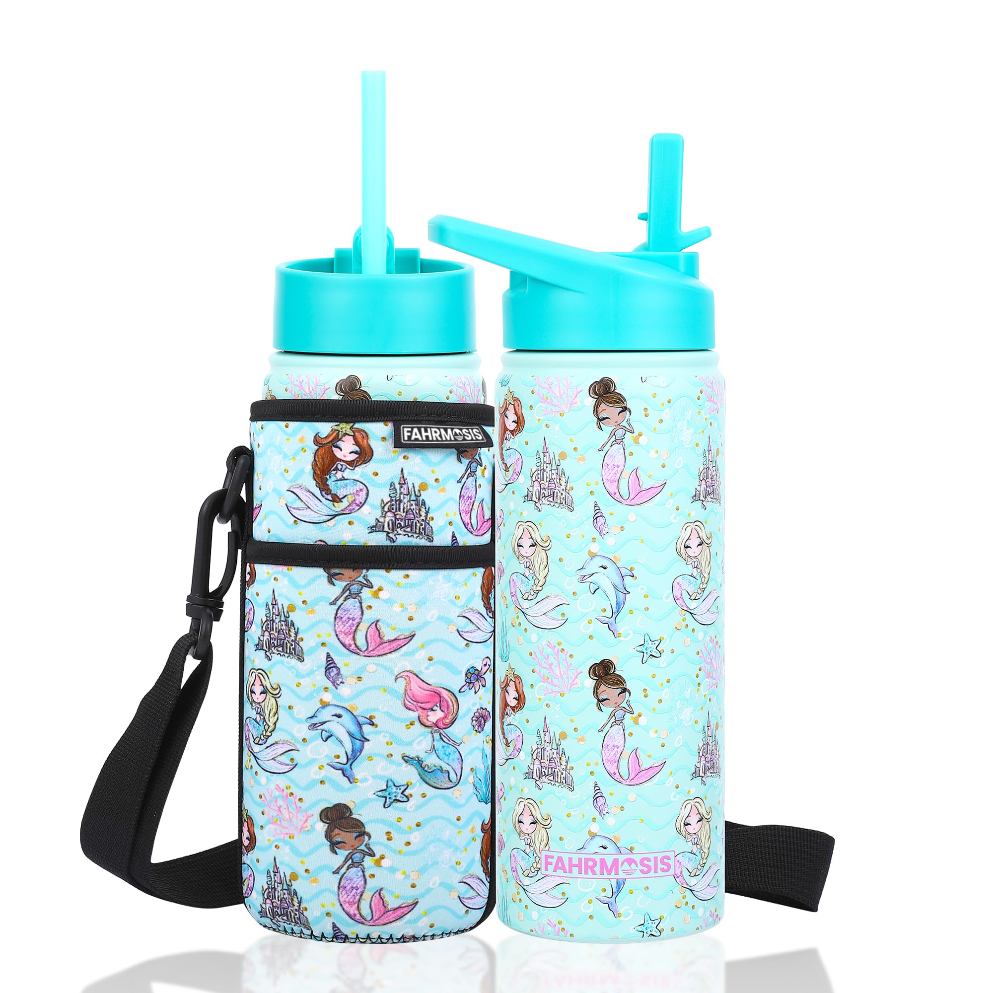 18 OZ Kids Water Bottle with Carrier Bag & Strap Leak Proof Metal Insulated Stainless Steel Tumbler with 2 Lids (Flip & Spout) for School & Sports Water Bottle with Straw - Teal (Mermaid)