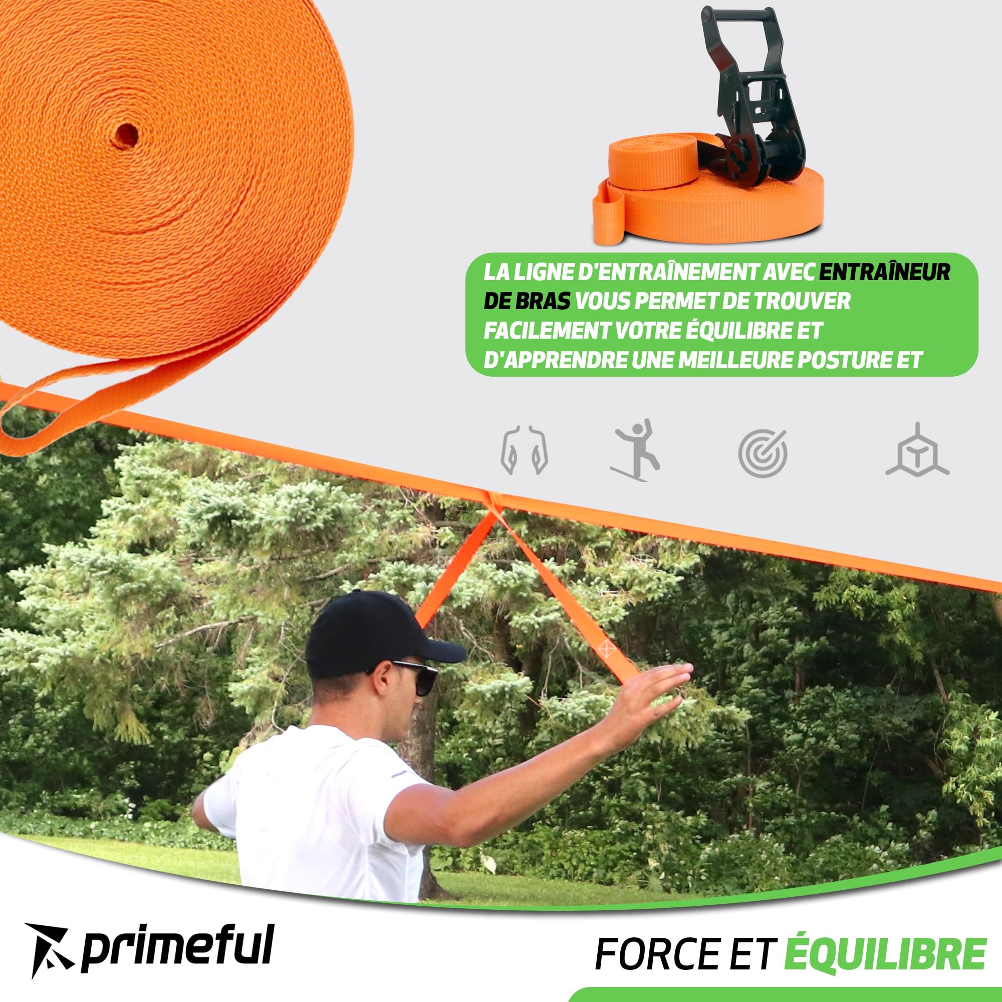 Slackline - Kit Complet pour Adultes Débutants et Confirmés - Slackline 18.5m, Ligne d’Entrainement Sac de Transport, Sangle à Cliquet et Protection Arbre Facile à Installer dans Le Jardin