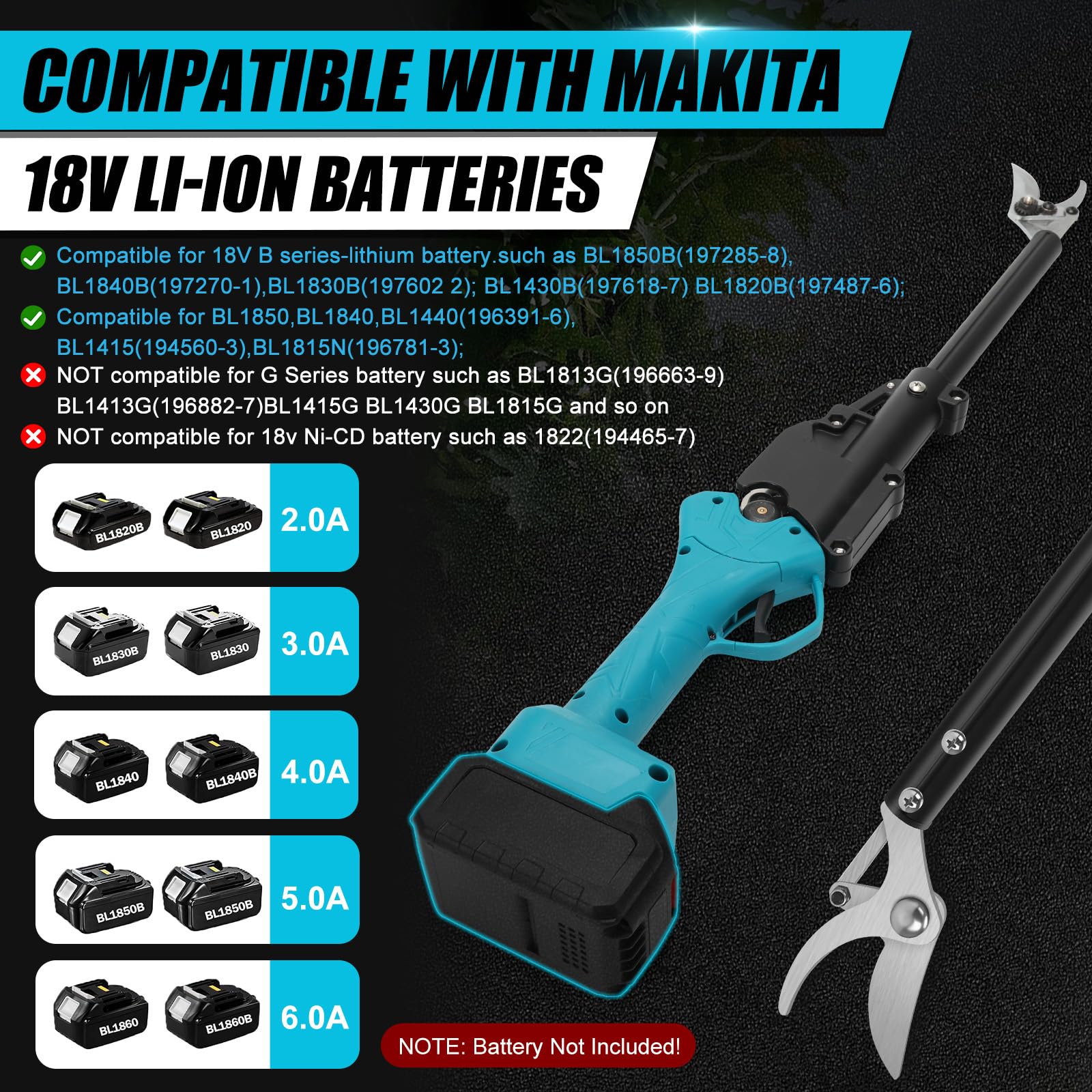Tijeras de podar con batería de 50 cm de largo, compatible con batería Makita de 18 V (sin batería), recogedor de frutas eléctrico sin escobillas con diámetro de corte de 25 mm y piedra de afilar
