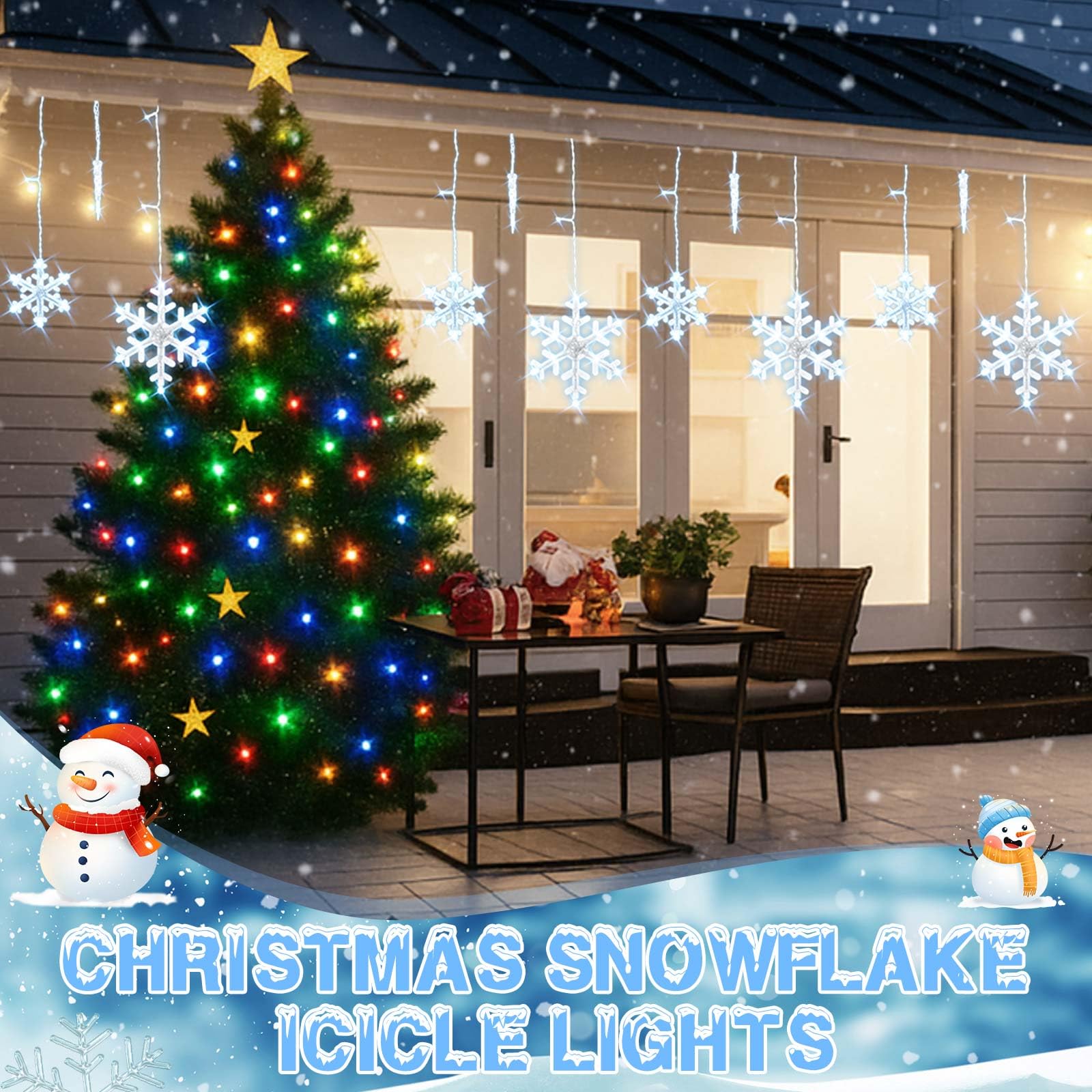 Glooglitter Rideau lumineux de Noël en forme de stalactites de 2,4 m, 129 LED pour extérieur, 19 gouttes, flocons de neige et stalactites pour jardin, cour, intérieur et extérieur