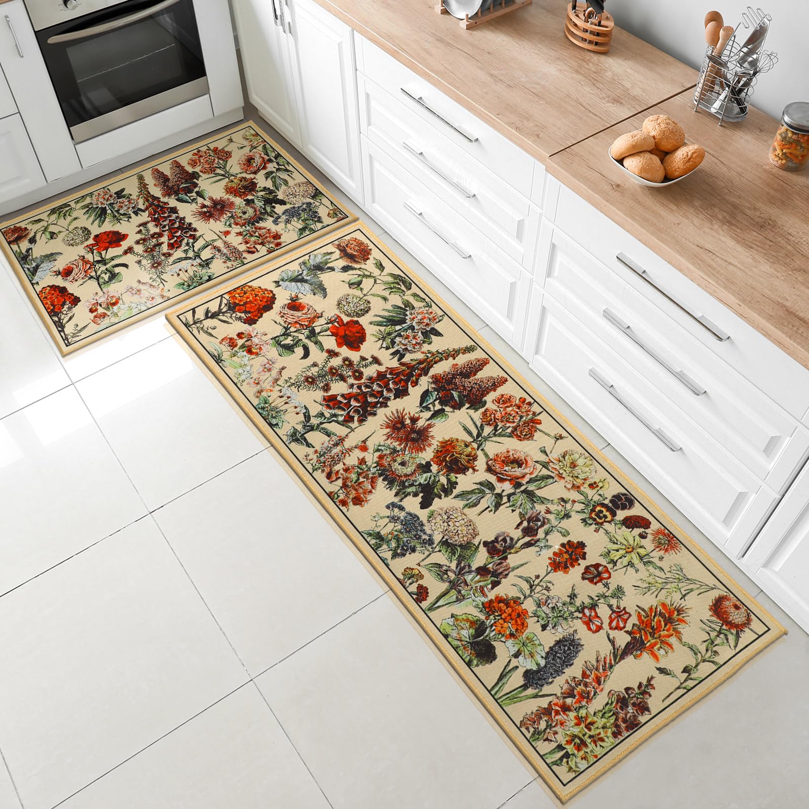 Sliner Retro Floral Kitchen Mat Rugs Set of 2 Vintage Non Skid Absorbent Farmhouse Microfiber Washable Floor Mat for Kitchen Sink Bedroom Office Laundry, 17