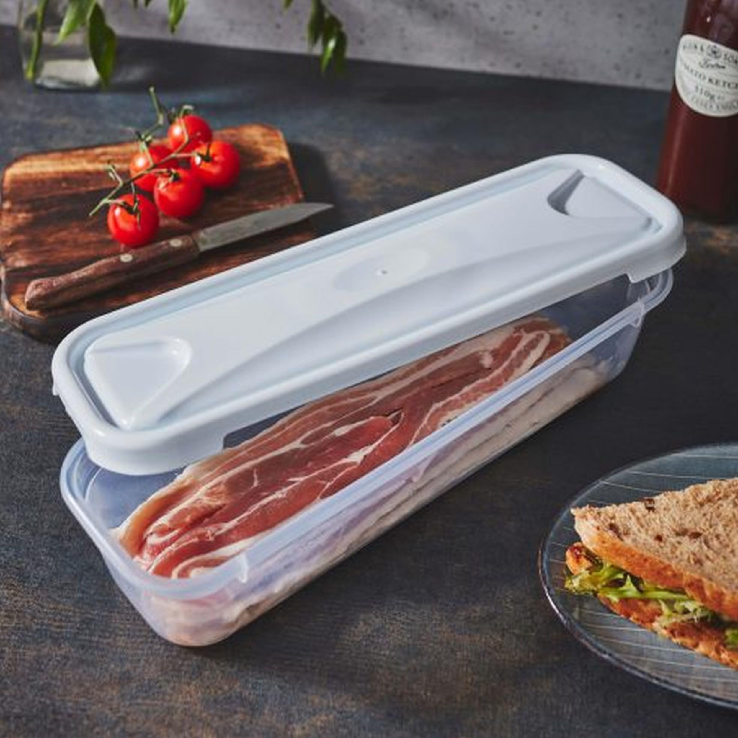 Shop4allsorts 3 x 1.2L Bacon Storage Box Slim Food Tub Clear With White Lid Food Storage Container 30cm