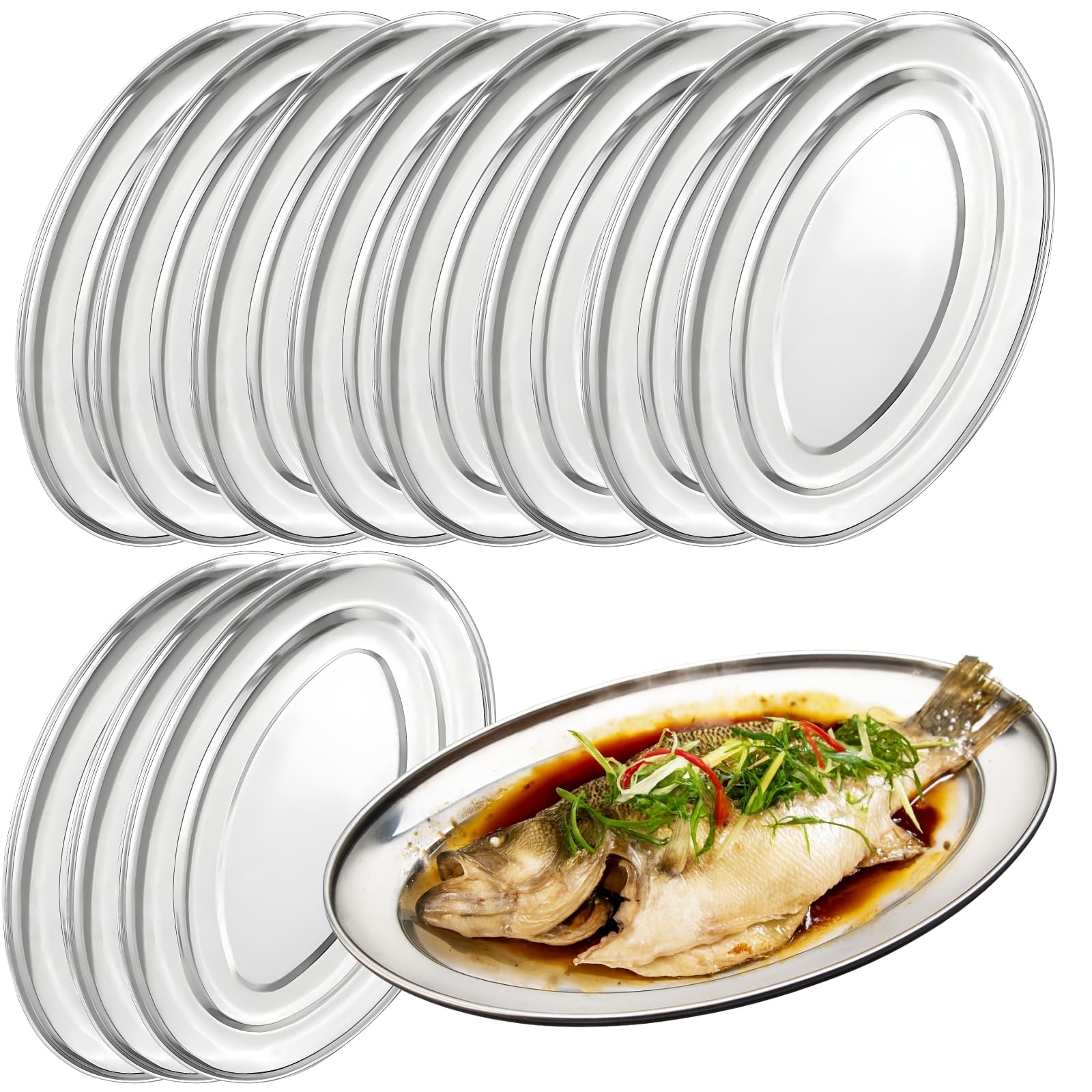 Calolin 12 Pcs Stainless Steel Oval Platters, Seamless Oval Fish Plates, 35 cm/13.8 in Stainless Steel Serving Trays, Polished Surface, Dishwasher Safe, Large Oval Platters for Multiple Foods