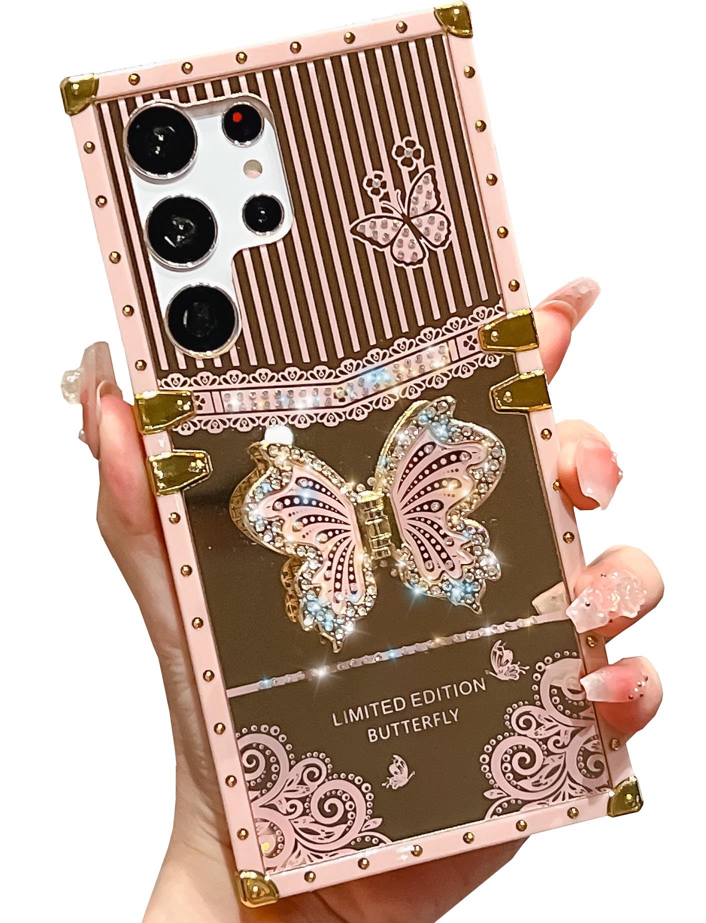 TETAW Cute Compatible with Samsung Galaxy S23 Ultra Case with Luxury Bling Glitter Butterfly Foldable Stand Kickstand,Glitter Soft Mirror