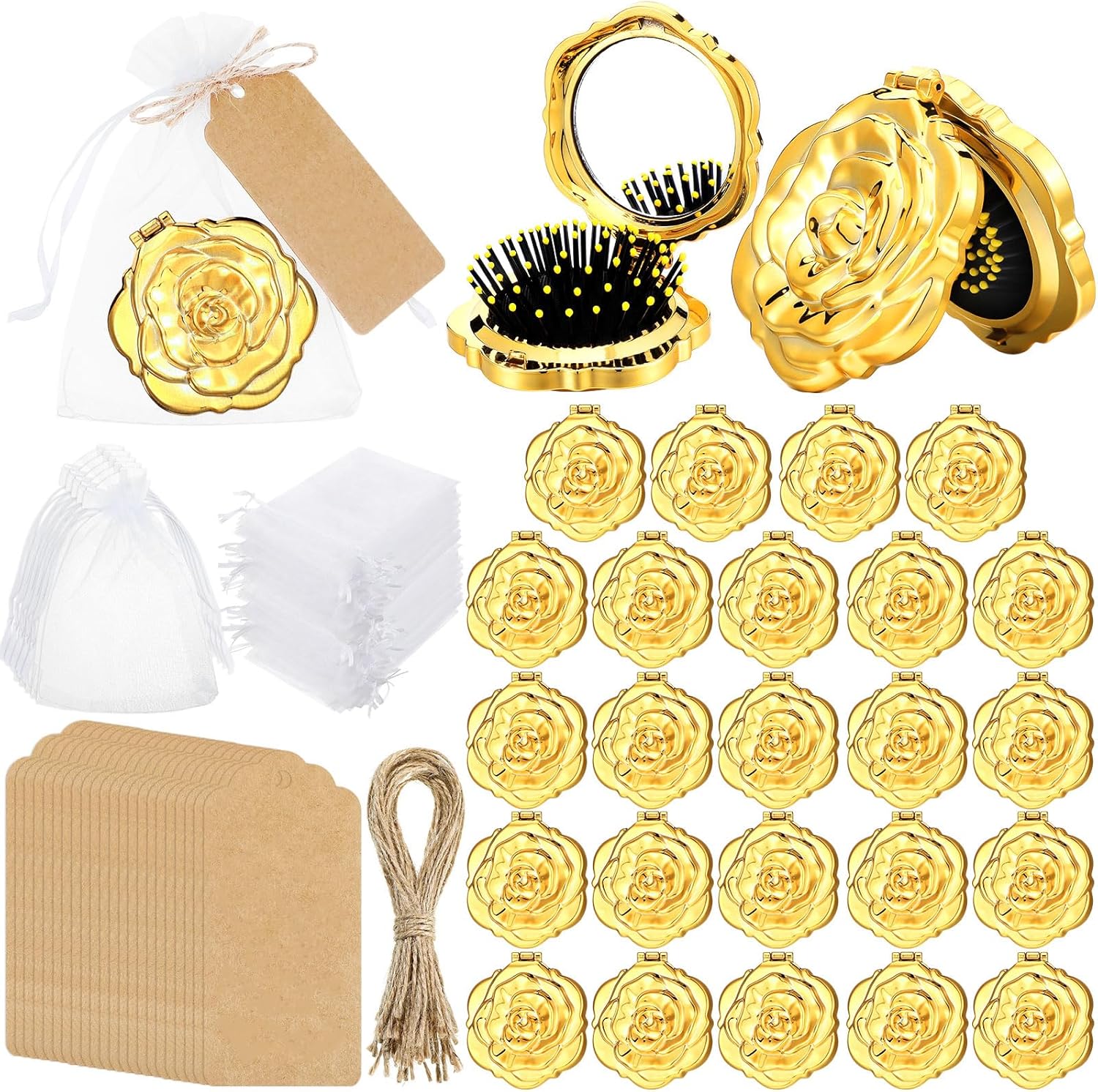 24 Sets Rose Compact Mirrors Brush Bulk Quinceanera Party Favors for Guests Travel Mirror Thank You Gifts Bulk for Sweet 16 15 Party Favors Bridal Shower Wedding Souvenirs(Gold)