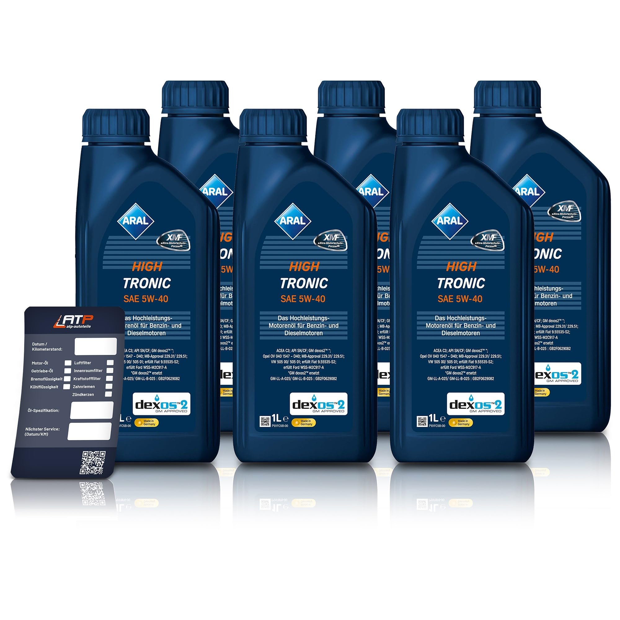 6x 1 L Liter ARAL HighTronic 5W-40 Motoröl inkl. Ölwechselanhänger
