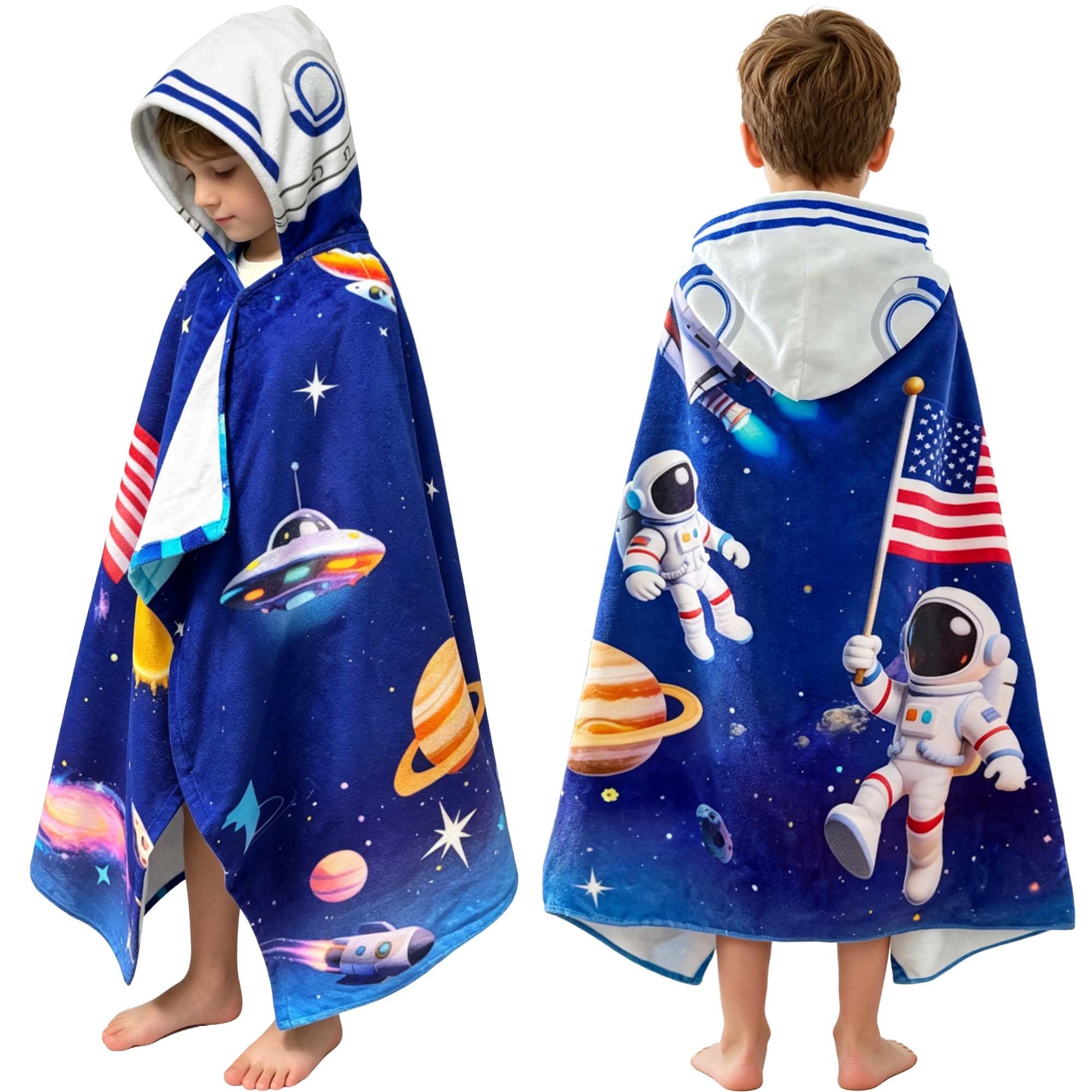 VOOVA & MOVAS Space Kids Hooded Towel Age 3-8,100% Cotton,Thick&Absorbent | 50"x30", Beach Pool Bath Towel,Gift for Kids,Wearable Towel,Ultra Gentle,Machine Washable Durable,Safe Materials Space Theme 50.00''x30.00''(3-8 Years)